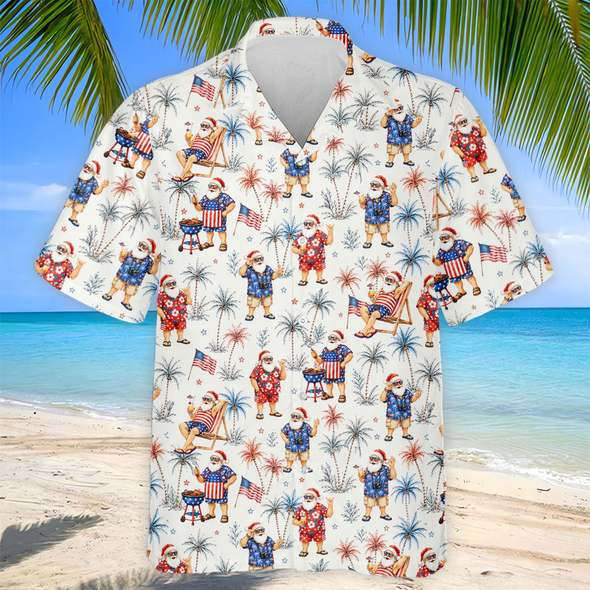 Patriotic Santa Tropical Christmas Polo Shirt, Mens Golf Polo, Hawaiian Golf Shirt