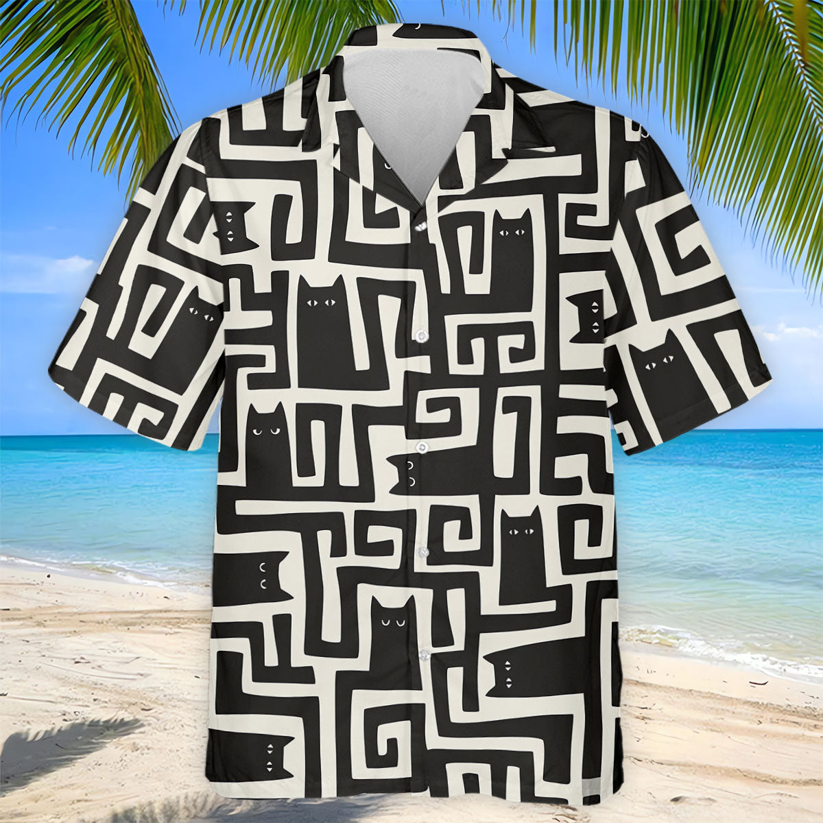Minimalist Black Cat Maze Pattern Golf Polo Shirt, Men's Golf Shirt, Printed Golf Shirts