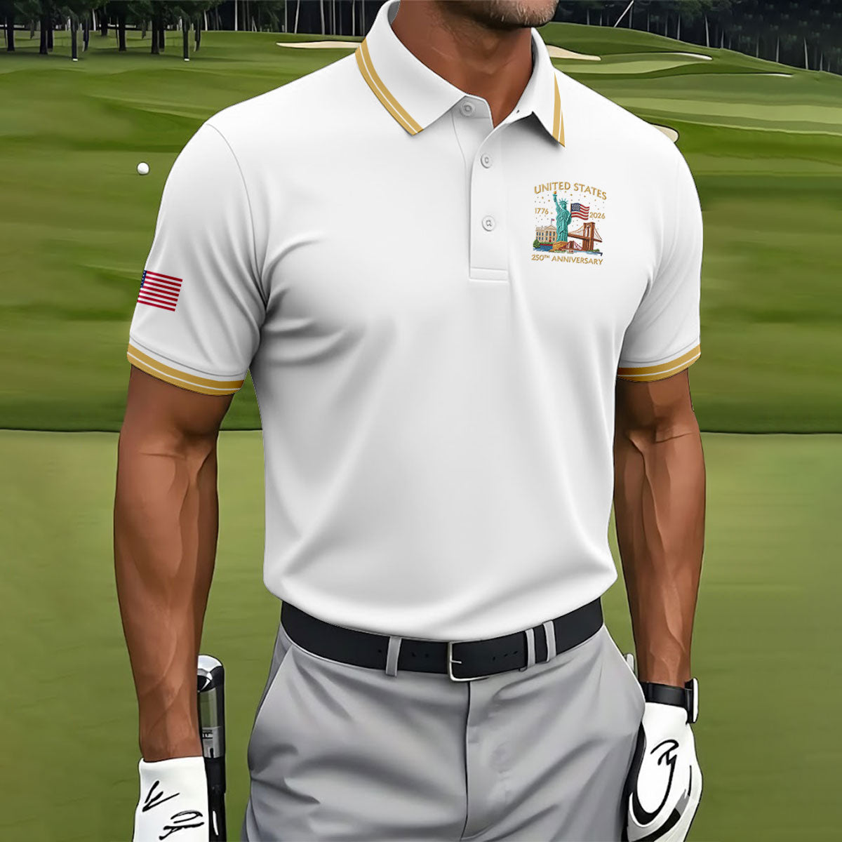 American Symbols White Patriotic Golf Shirt, US 250 Years 4th Of July Golf Shirts For Men