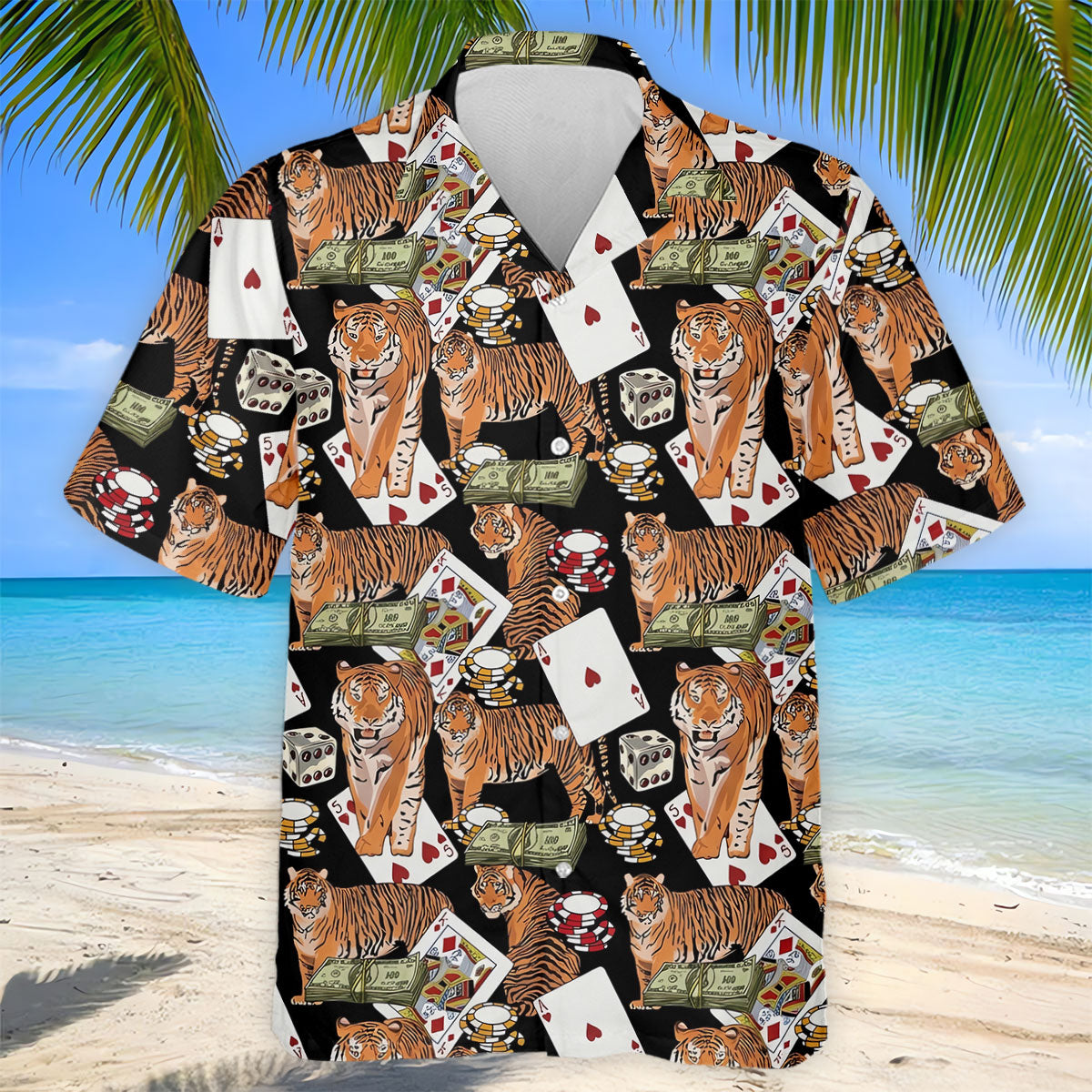 Money Tiger Poker Dice Chips And Cards Hawaiian Golf Shirt, Men's Funny Golf Shirts