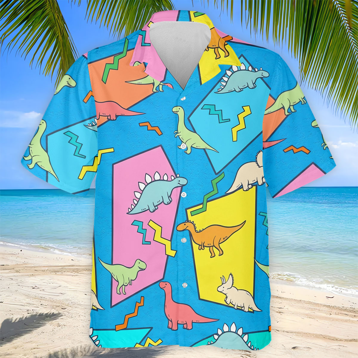 Retro Colorful Dinosaur Pattern Golf Shirt, Men's Golf Shirt, Golf Apparel For Men