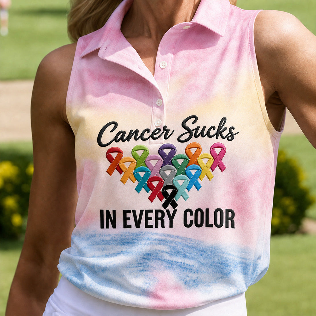 Cancer Sucks In Every Color Ribbon Polo Shirt, Ladies Golf Tops, Women’s Golf Polo