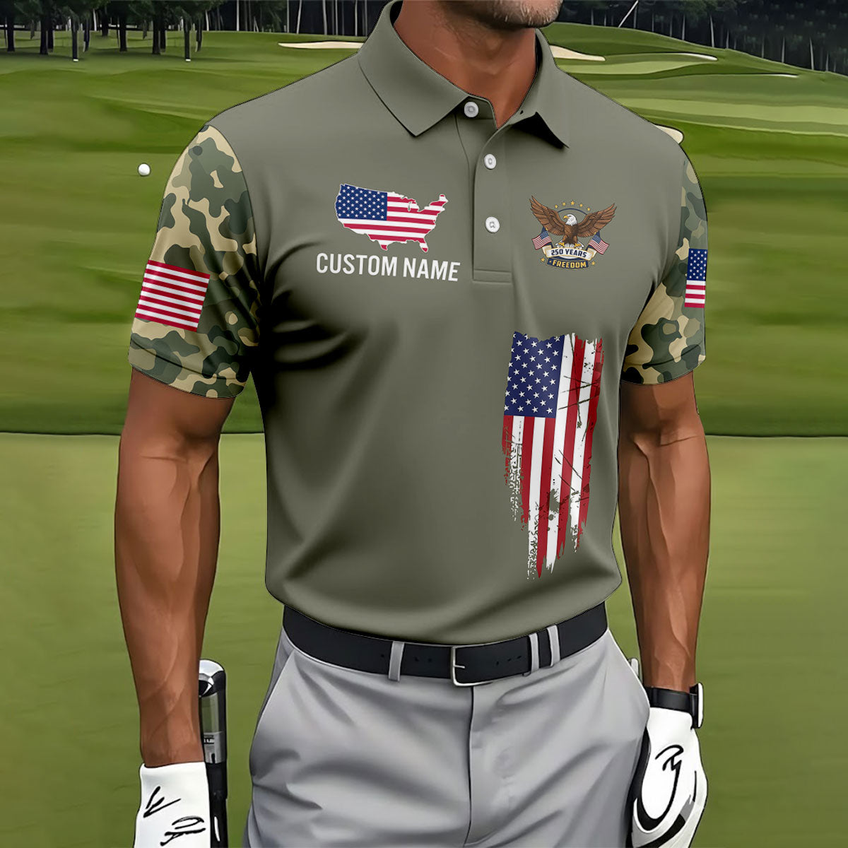 250 Years Freedom Eagle American Flag Camo Golf Shirt, Patriotic 4th Of July Golf Shirts For Men