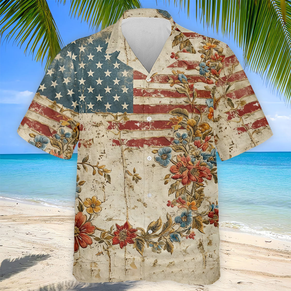 Floral American Flag Vintage Golf Shirt, 250 Years Patriotic 4th Of July Golf Shirts For Men