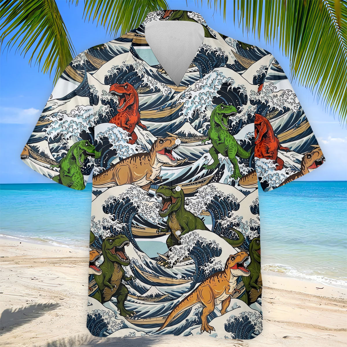 T Rex Surfing Great Wave Golf Polo Shirt, Men's Golf Shirt, Printed Golf Shirts