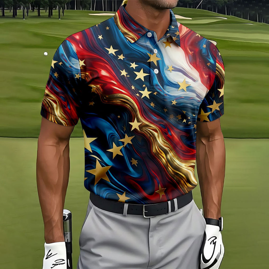 Abstract American Flag Stars Golf Polo Shirt, Mens Golf Shirts, Hawaiian Golf Shirt