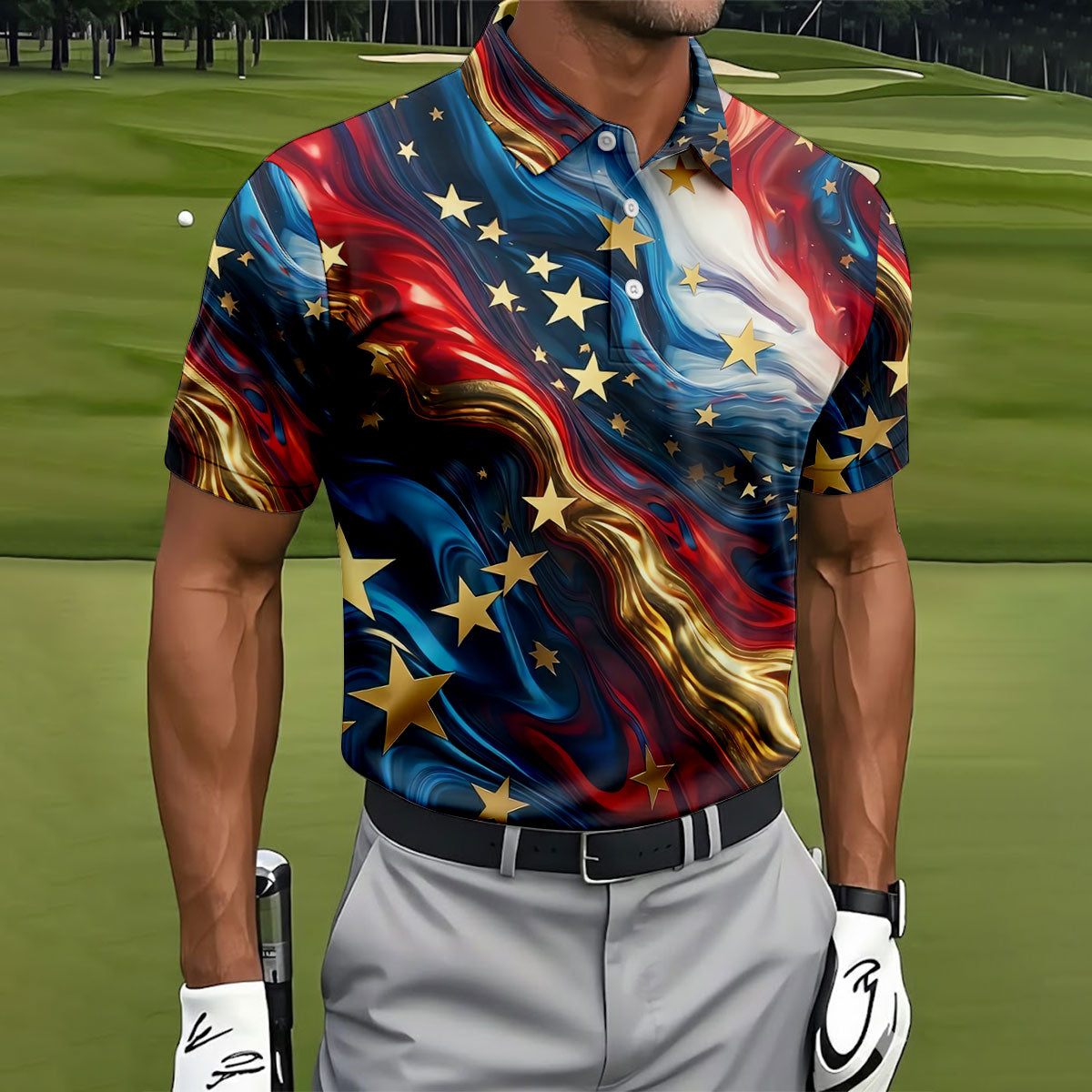 Abstract American Flag Stars Golf Polo Shirt, Mens Golf Shirts, Hawaiian Golf Shirt