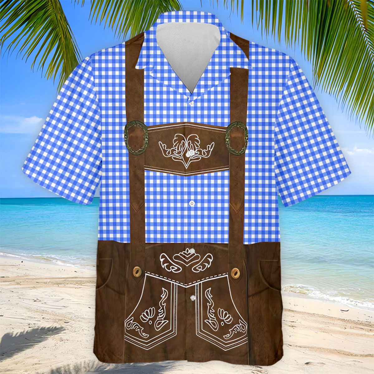 Blue Oktoberfest Lederhosen Illusion Sleeveless Golf Polo, Golf Shirts For Men, Mens Golf Apparel