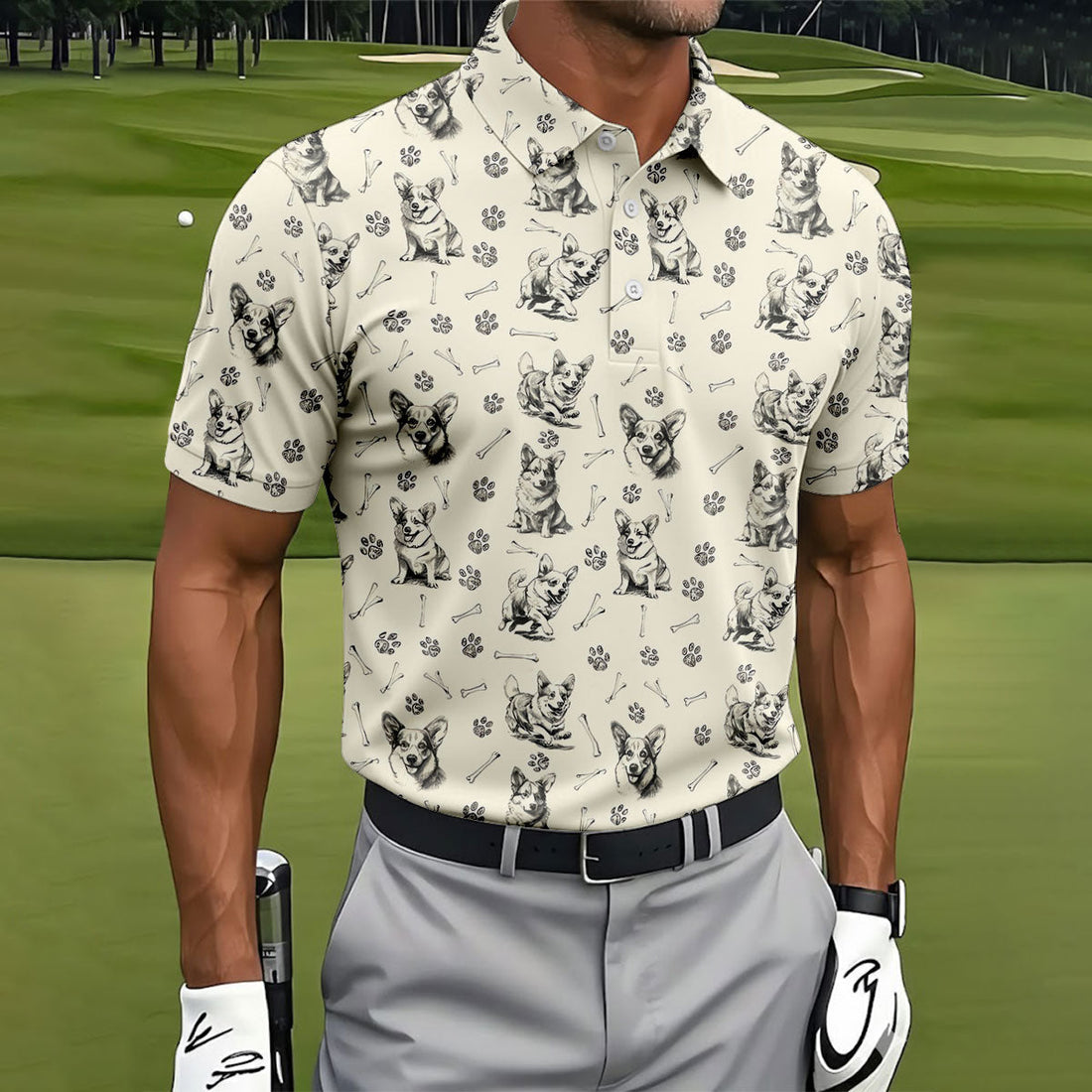 Vintage Corgi Sketch Pattern Golf Polo Shirt, Mens Golf Shirts, Golf Apparel For Men