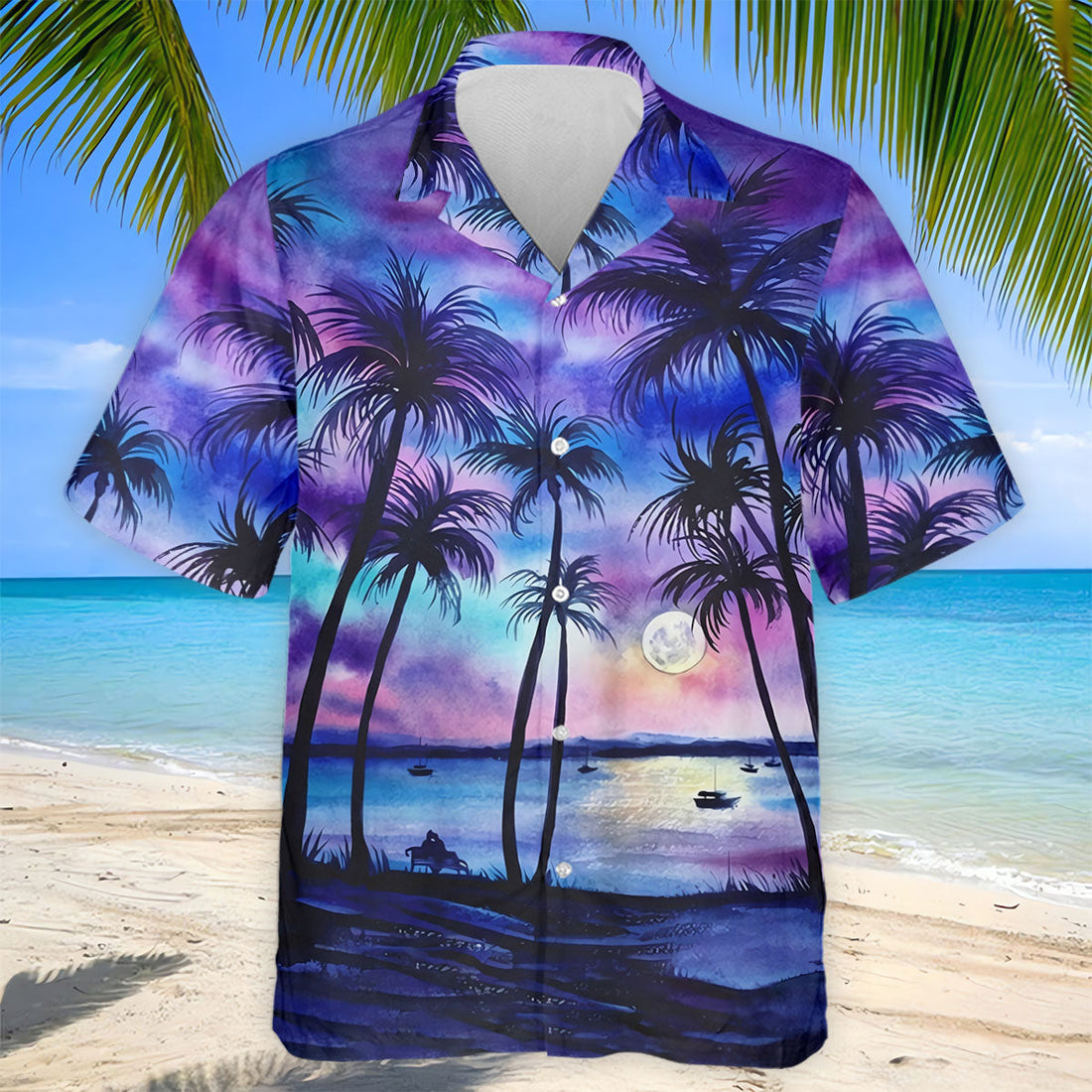 Moonlit Tropical Beach Palm Tree Design Hawaiian Golf Shirt, Golf Shirts For Men, Polo Shirts For Men