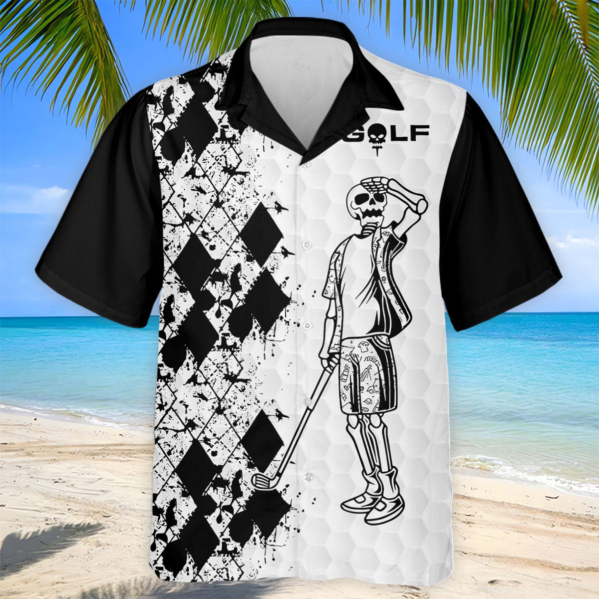 Golf Skeleton Splatter Effect Argyle Pattern Golf Tops For Men, Father's Day Golf Gift