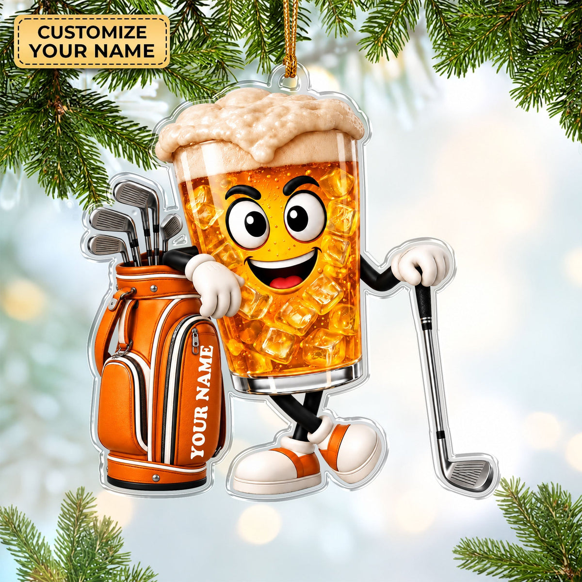 Custom Name Beer Glass Golf Acrylic Ornament, Golf Lover Gifts, Christmas Ornaments