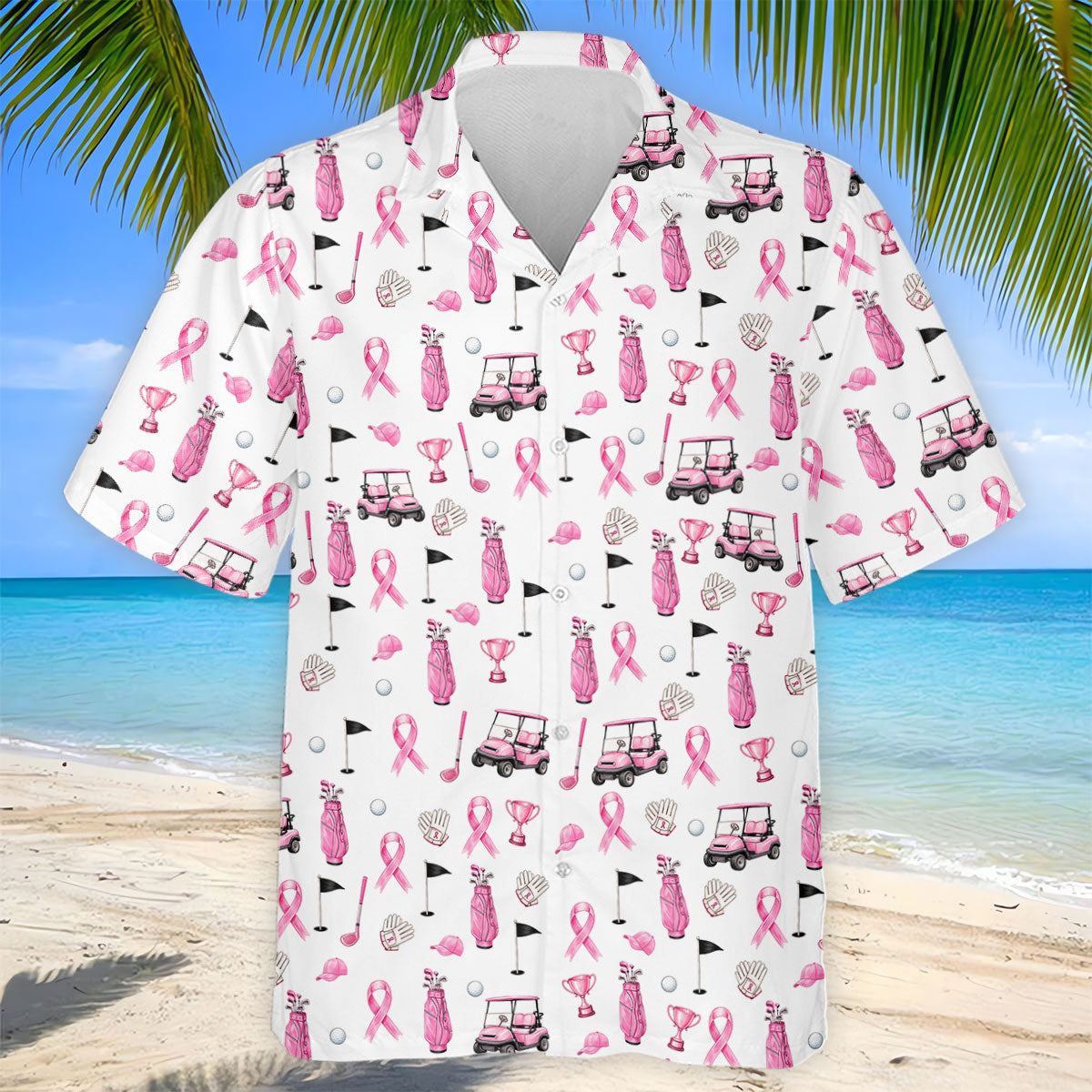 Pink Golf Cart Ribbon Breast Cancer Polo Shirt, Golf Shirts For Men, Mens Golf Apparel