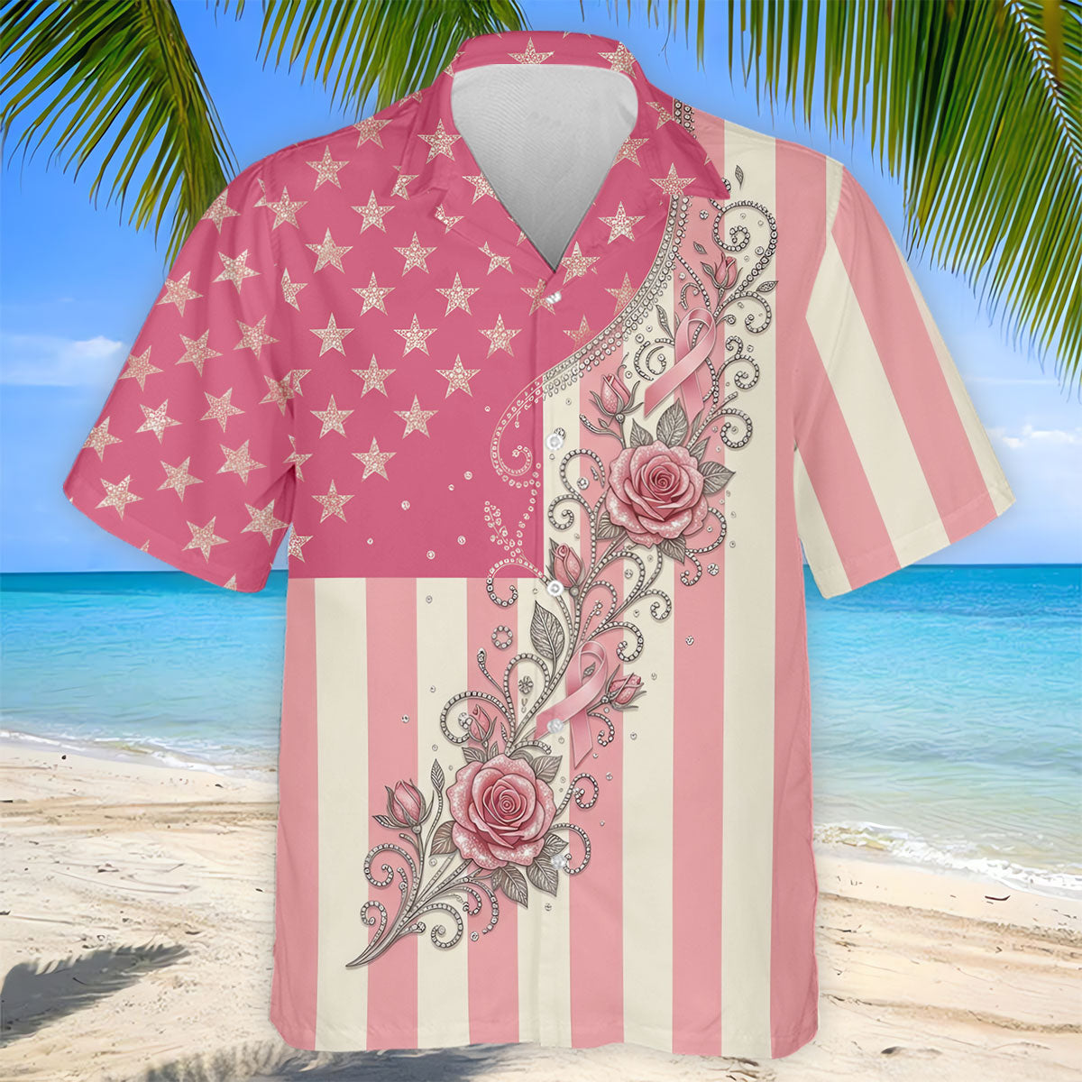 Pink Stars Stripes Rose Breast Cancer Polo Shirt, Men's Golf Shirt, Mens Golf Polo