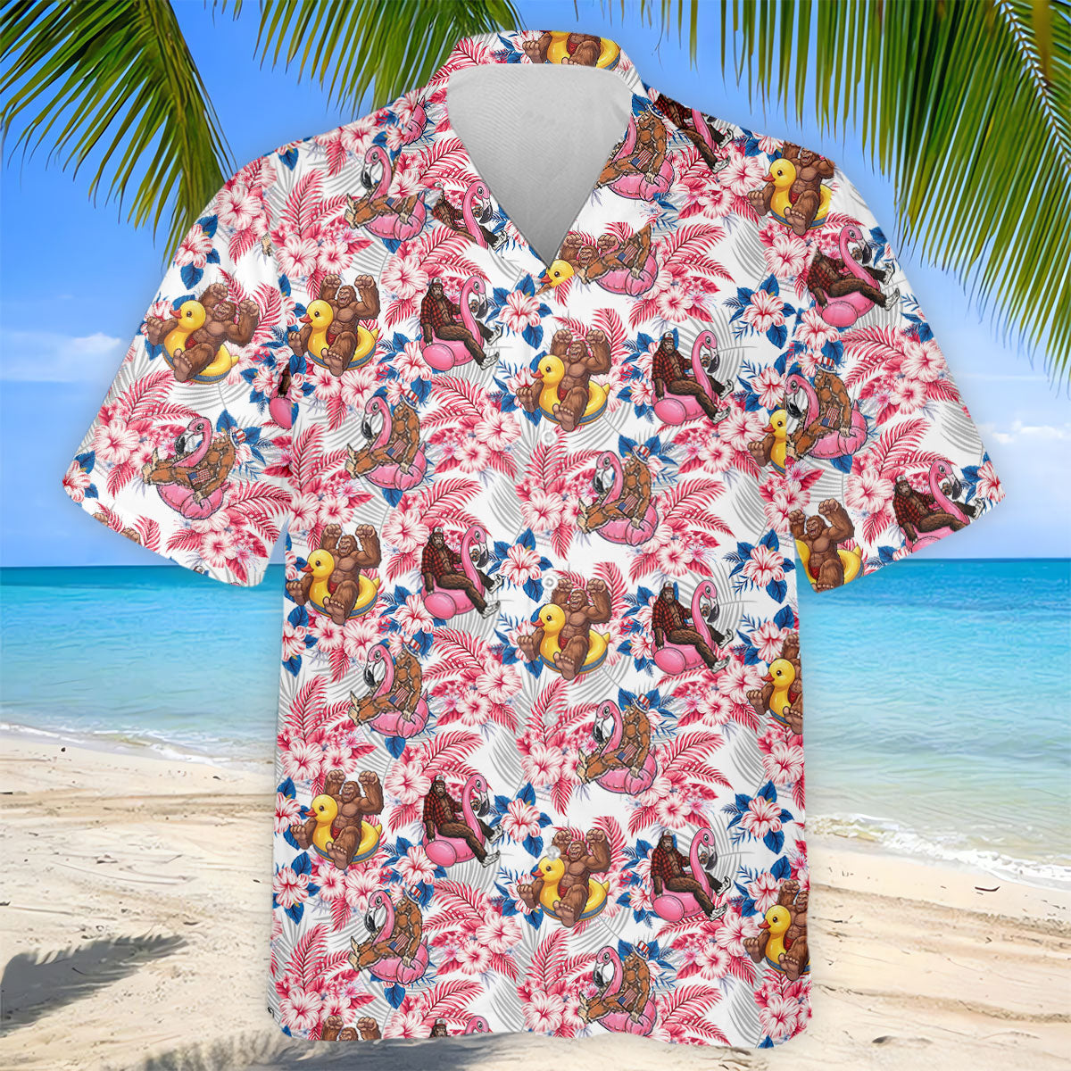 Funny Bigfoot Pool Party Hawaiian Golf Shirt, Red White Blue Tropical Flamingo Golf Shirts For Men