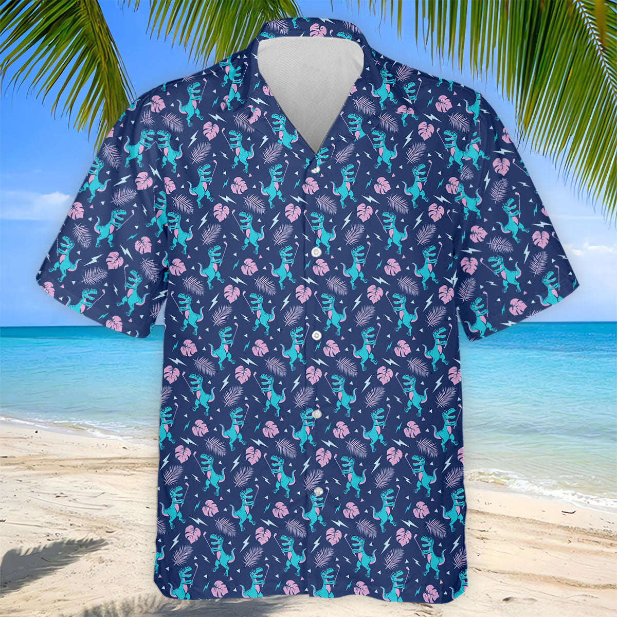 Funny Dinosaur Golfer Tropical Pattern Polo Shirt, Mens Golf Polo, Printed Golf Shirts