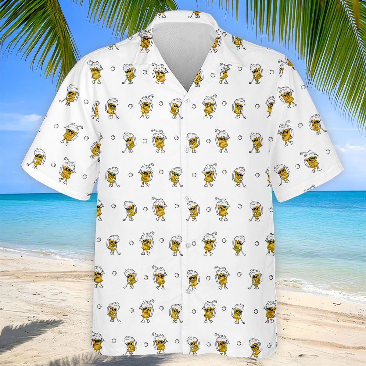 Cartoon Beer Mug Golfer Pattern Golf Polo Shirt, Polo Shirts For Men, Printed Golf Shirts