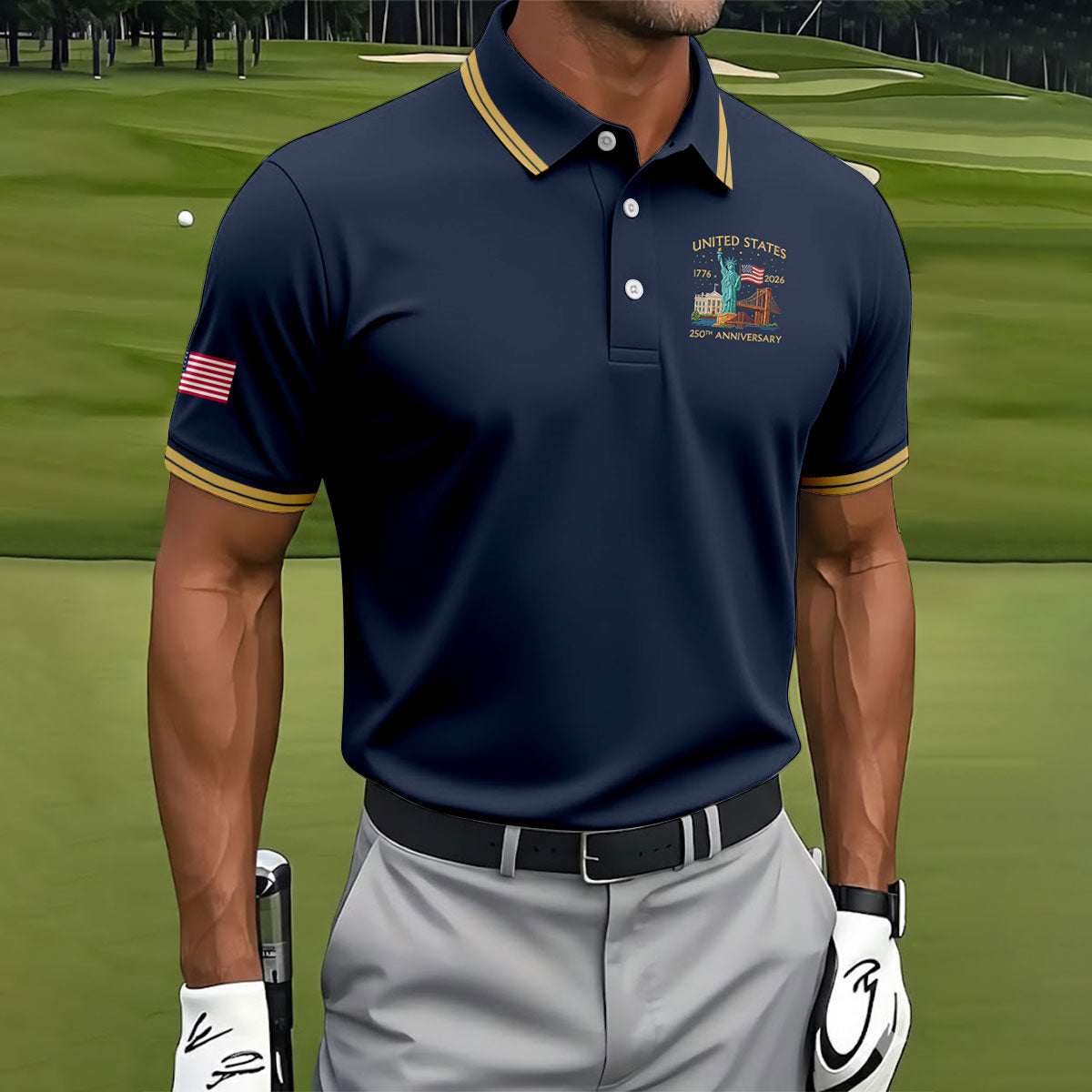 American Symbols Navy Patriotic Golf Shirt, US 250 Years 4th Of July Golf Shirts For Men