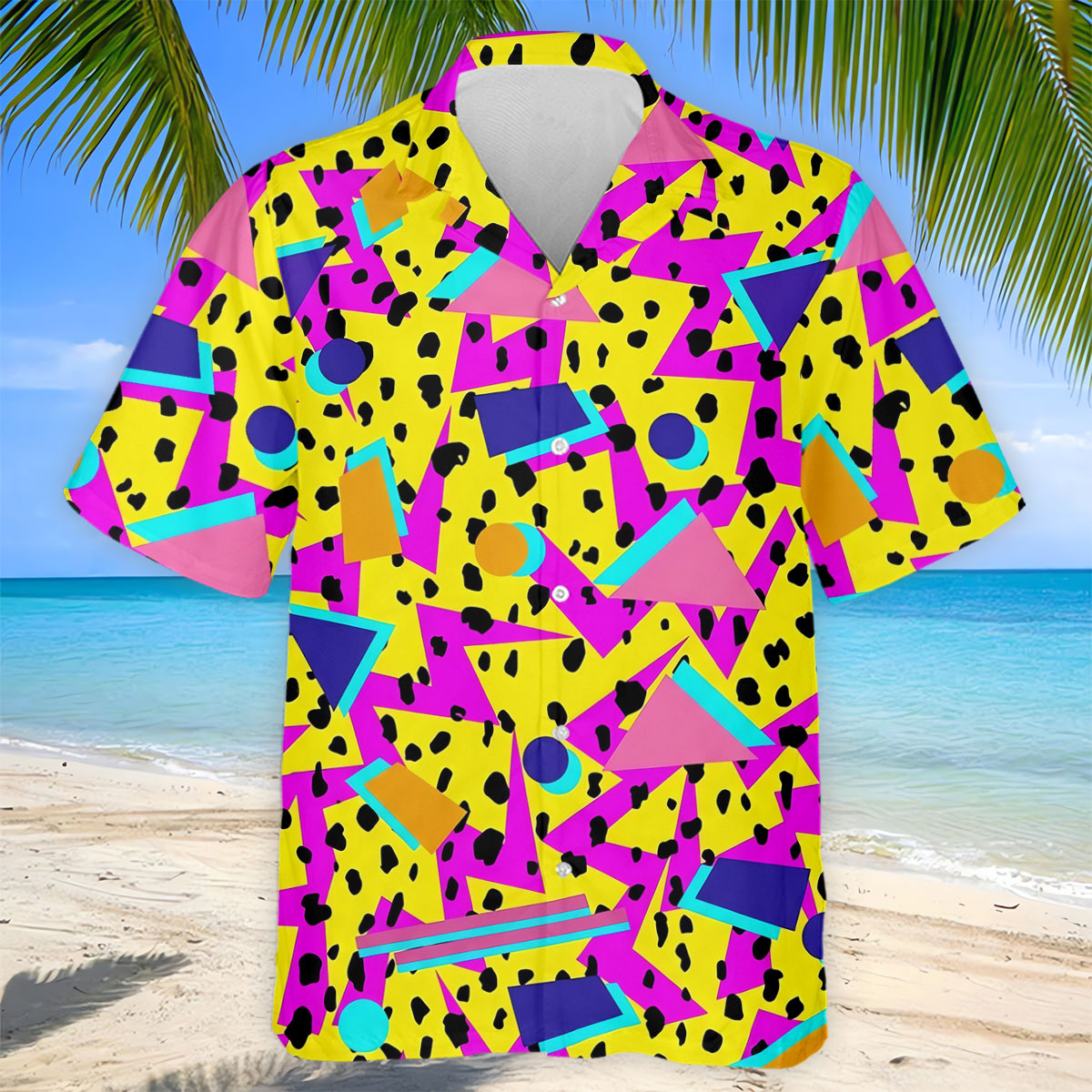Retro Neon Geometric Shapes Yellow Golf Shirt, Golf Shirts For Men, Mens Golf Apparel, Polo Shirts For Men