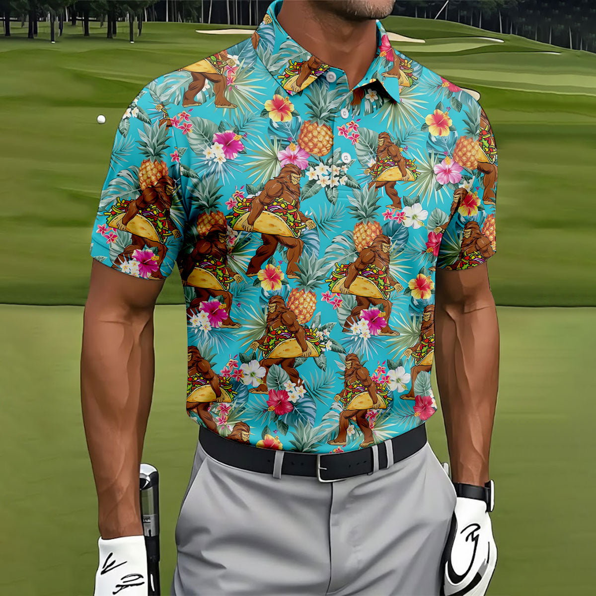 Bigfoot Taco Fiesta Time Hawaiian Golf Shirt, Cinco De Mayo Celebration Golf Shirts For Men