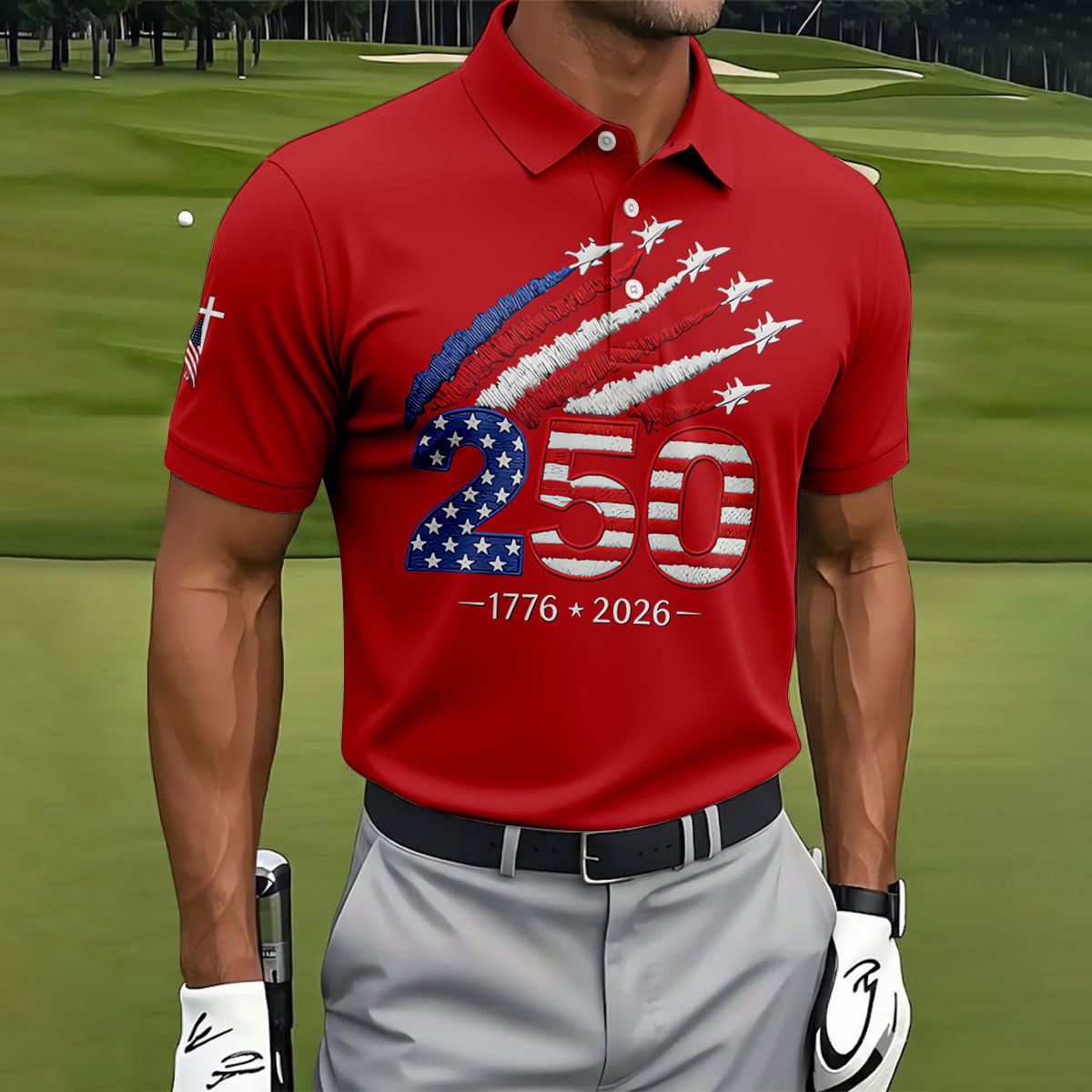 Flying Fighter Jets Faith Cross Patriotic 4th Of July Red Golf Shirt, 250 Years Golf Shirts For Men