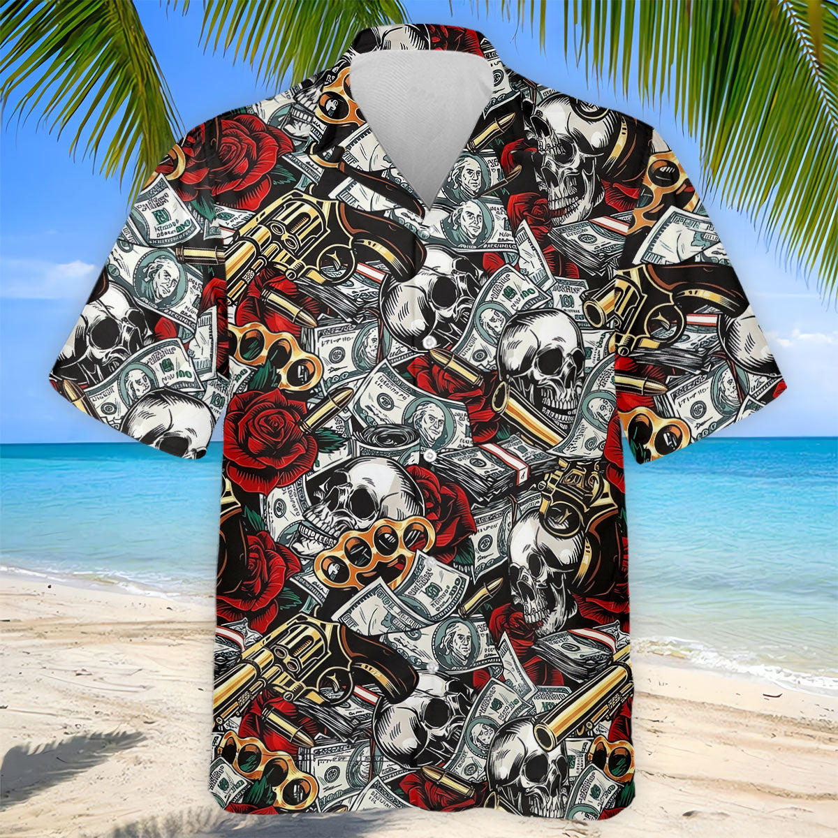 Black Skull Cash Rose Western Pattern Golf Polo Shirt, Men's Golf Shirt, Hawaiian Golf Shirt