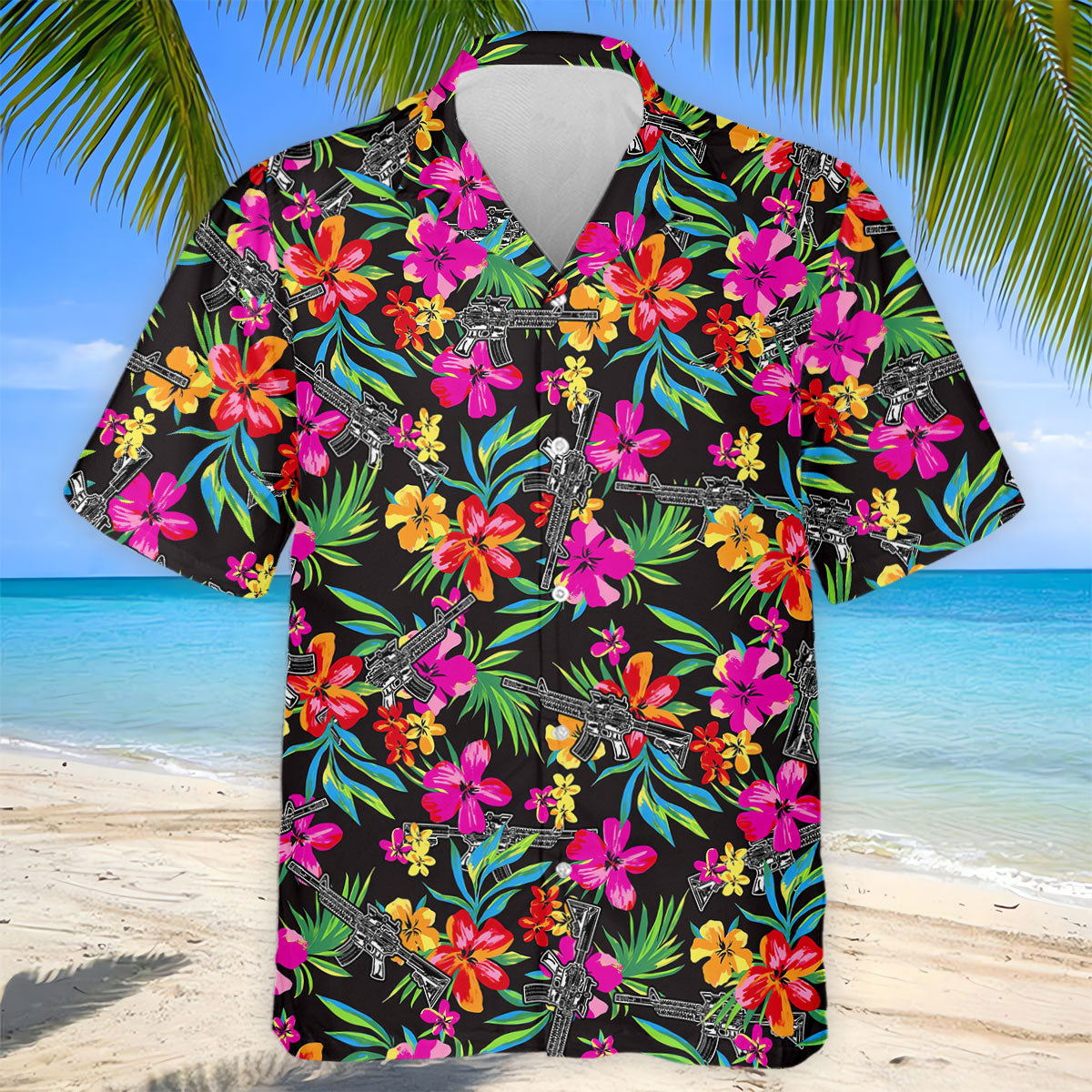 Black Tropical Floral Rifle Pattern Golf Polo Shirt, Men's Golf Shirt, Golf Polo Shirts For Men