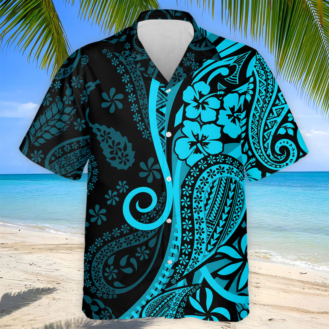Island Tribal Golf Shirt, Blue Hawaiian Hibiscus Polo, Polo Shirts For Men