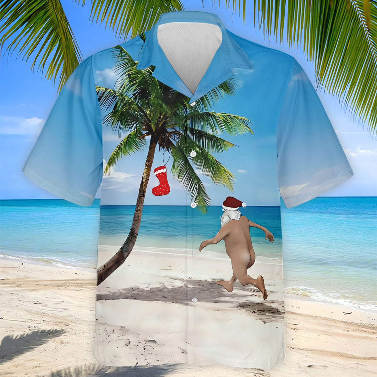 Funny Santa Running On Tropical Beach Christmas Golf Shirt, Men's Golf Shirt, Hawaiian Golf Shirt