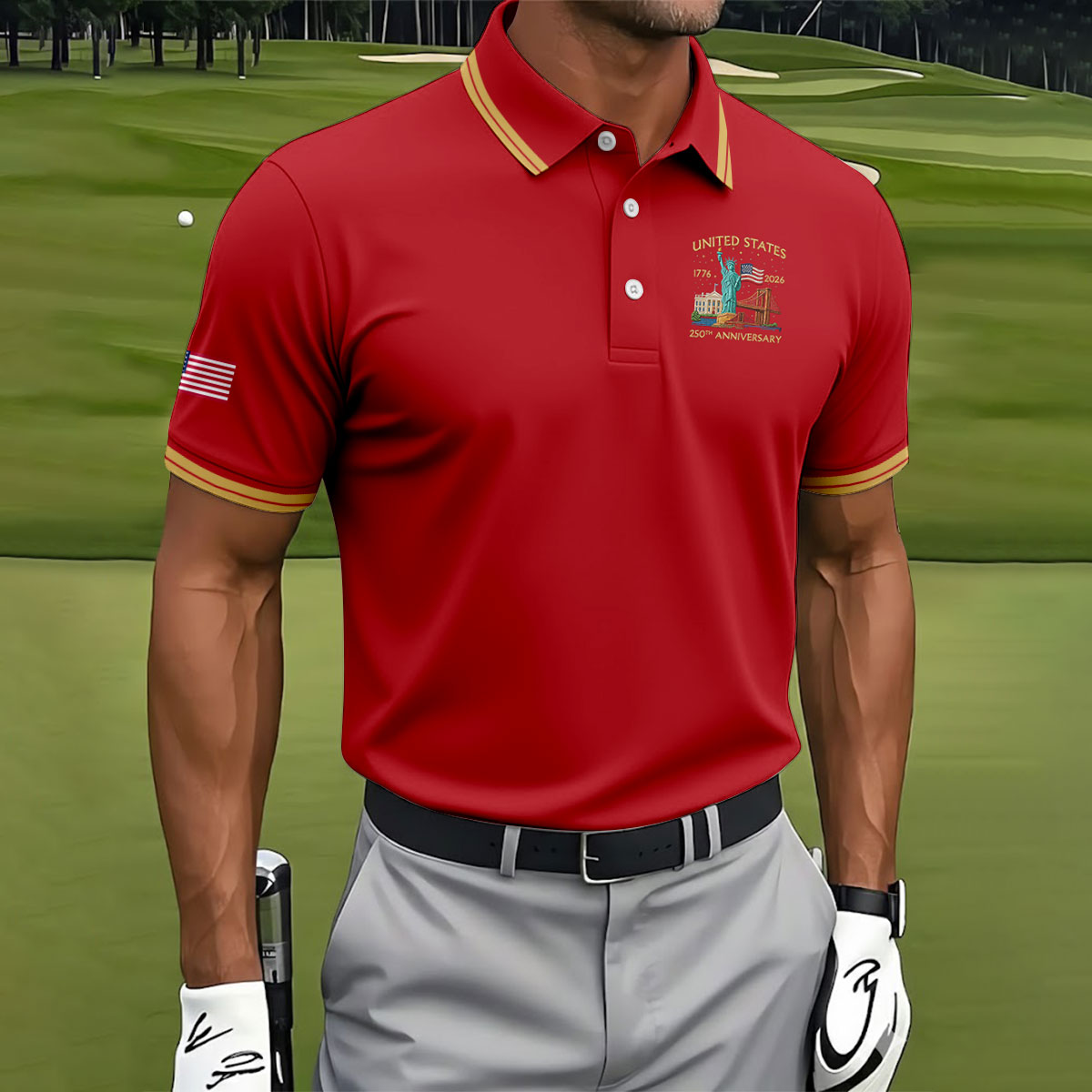 American Symbols Red Patriotic Golf Shirt, US 250 Years 4th Of July Golf Shirts For Men