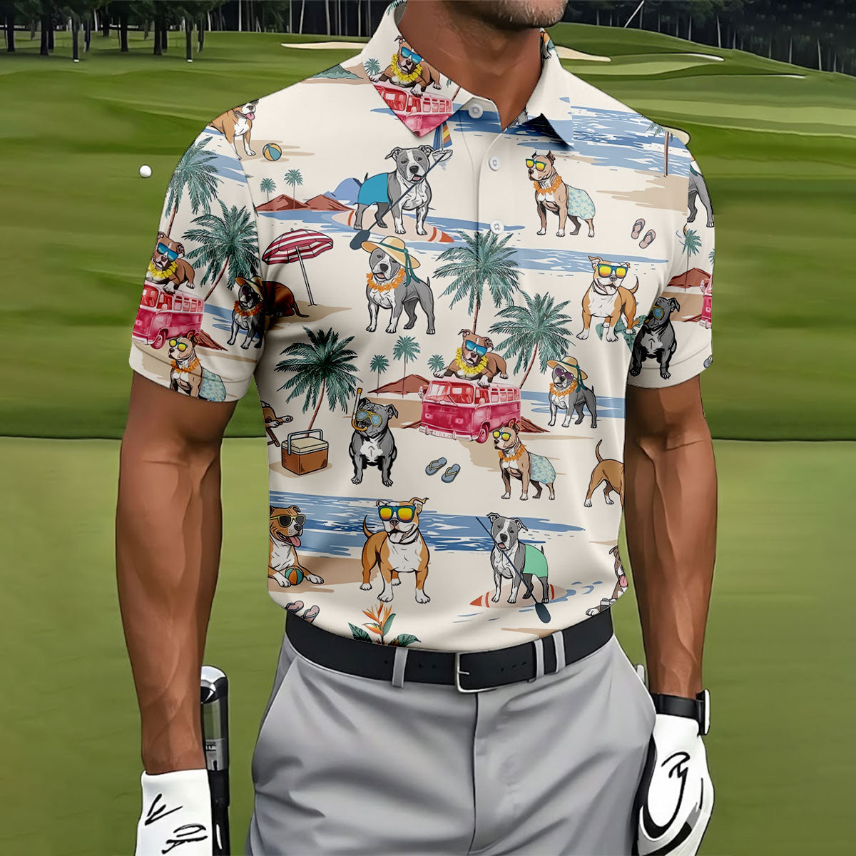 Pit Bull Beach Vacation Tropical Golf Polo Shirt, Hawaiian Golf Shirt, Golf Shirts For Men
