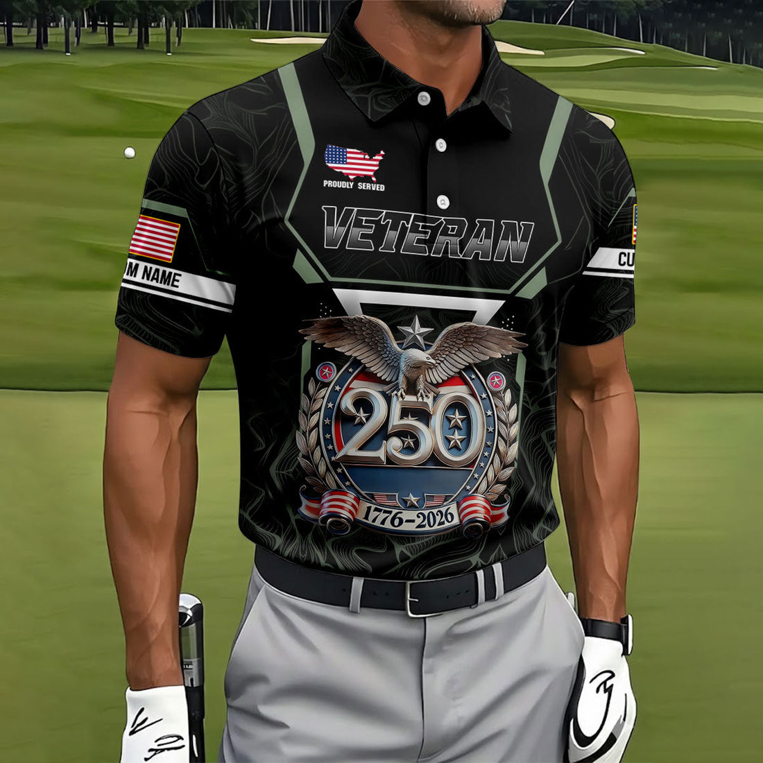 Personalized Veteran America 250 Polo Shirt Gray Accent, Golf Polo Shirts For Men, Mens Golf Shirts
