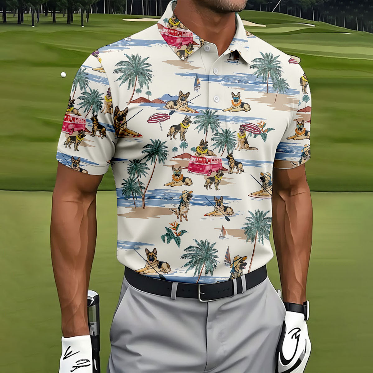German Shepherd Beach Vacation Golf Polo Shirt, Mens Golf Polo, Golf Apparel For Men
