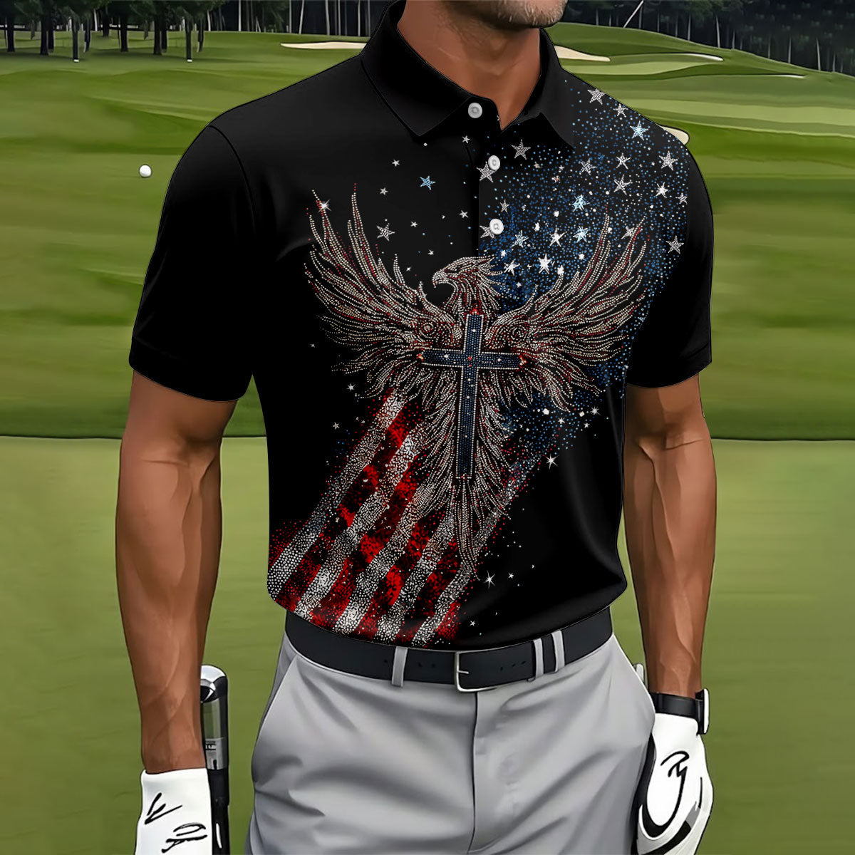 Faith Cross Patriotic Eagle Rhinestones Pattern 4th Of July Golf Shirt, 250 Years Golf Shirts For Men