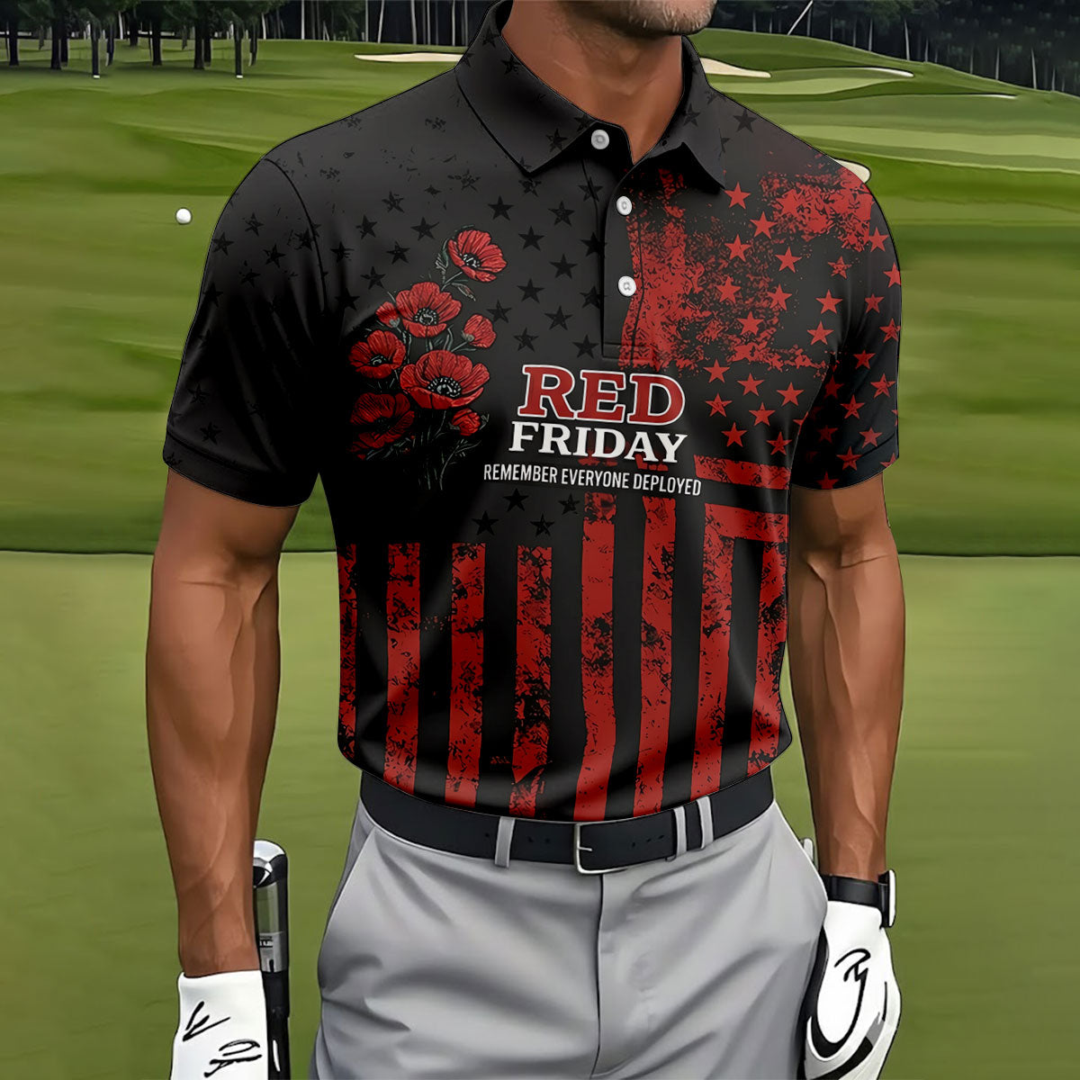 Red Friday American Flag Poppy Polo Shirt, Mens Golf Apparel, Printed Golf Shirts