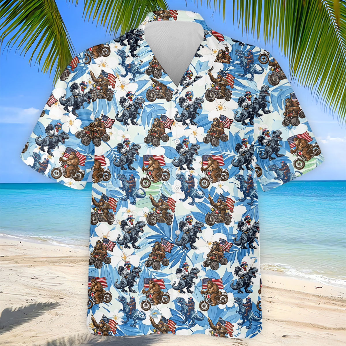 Patriotic Bald Eagle Funny T-Rex Bigfoot Hawaiian Golf Shirt, 250 Years 4th Of July Golf Shirts For Men