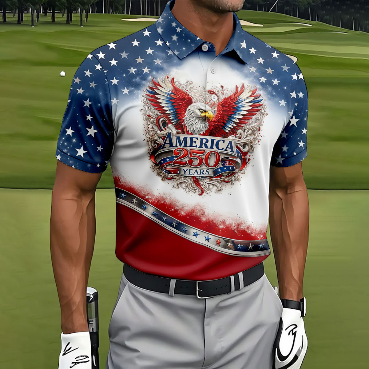 Bald Eagle Red White Blue Patriotic Stars 4th Of July Golf Shirt, 250 Years Golf Shirts For Men
