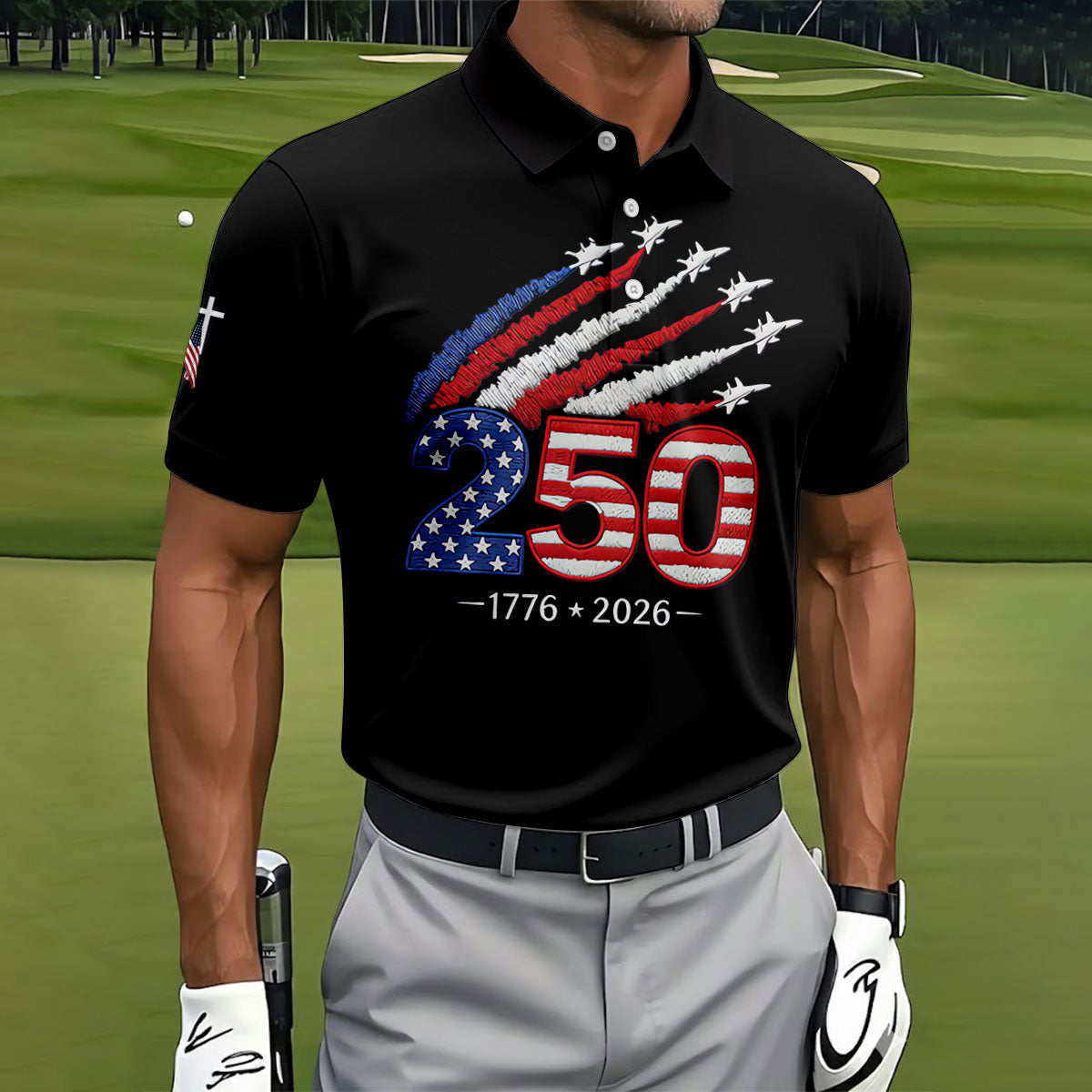 Flying Fighter Jets Faith Cross Patriotic 4th Of July Black Golf Shirt, 250 Years Golf Shirts For Men