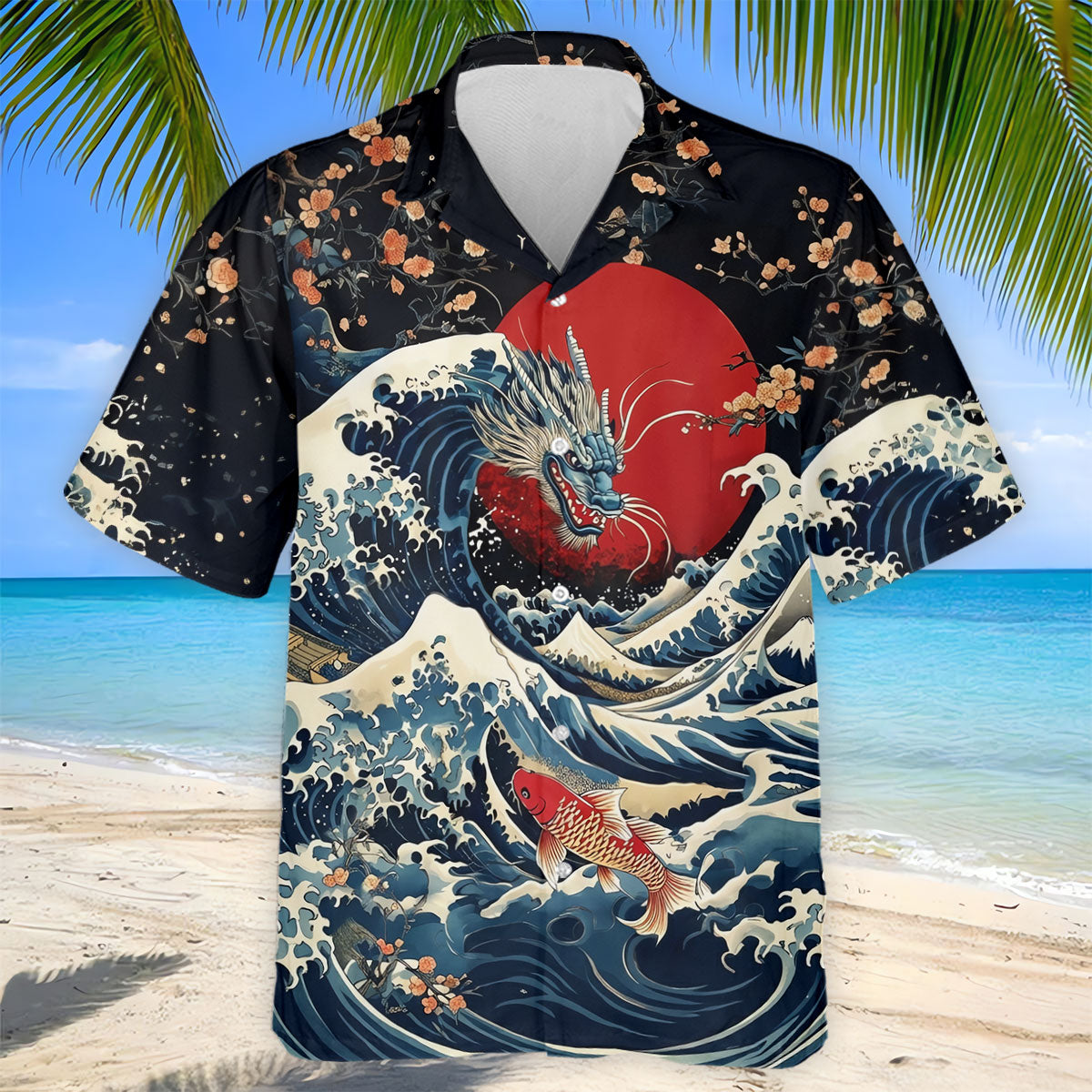 Japanese Dragon Koi Wave Hawaiian Golf Shirt, Mens Golf Apparel, Golf Polo Shirts For Men
