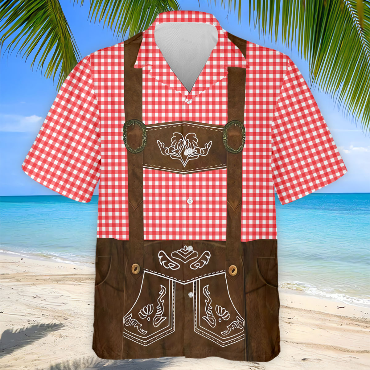 Red Oktoberfest Lederhosen Illusion Sleeveless Golf Polo, Mens Golf Polo, Printed Golf Shirts