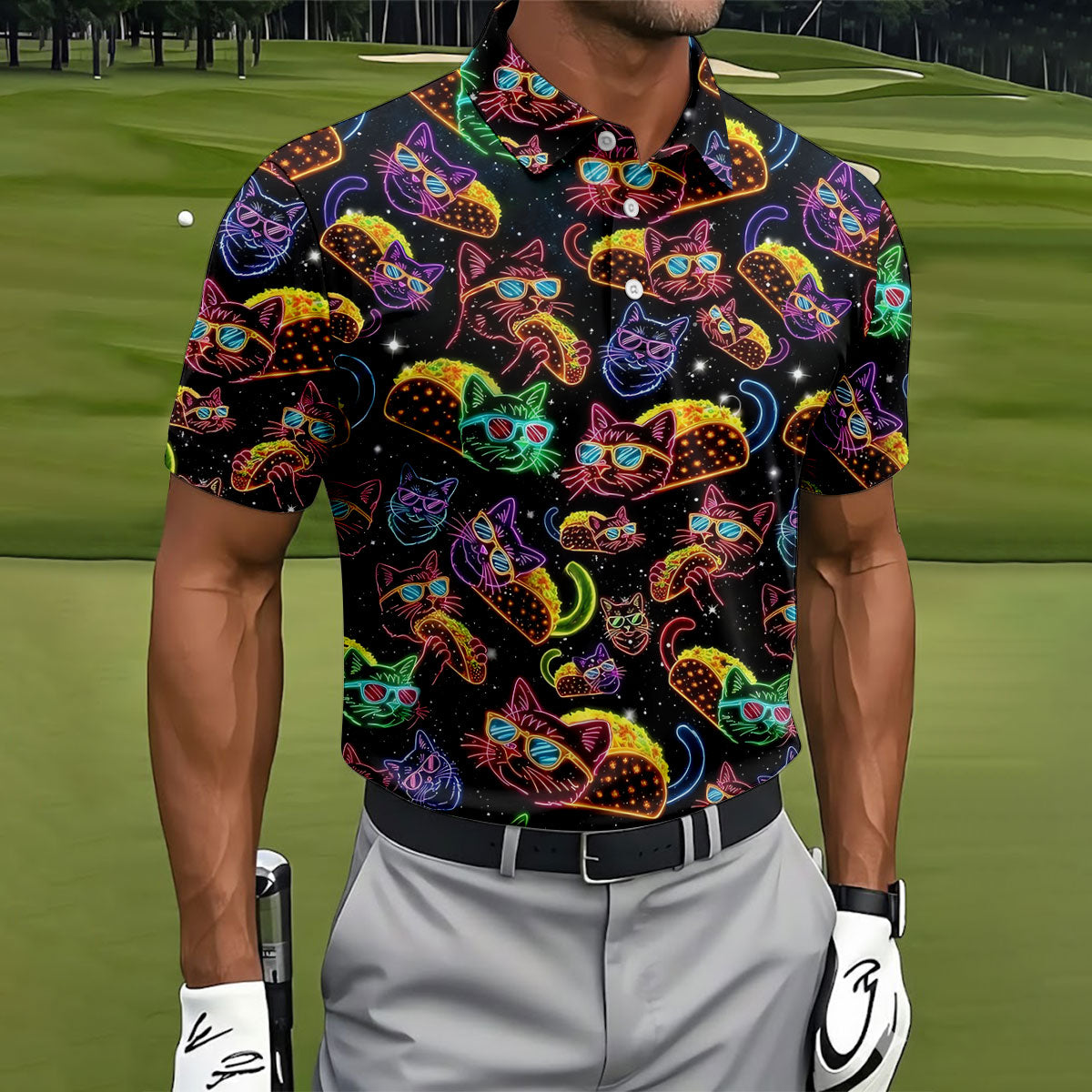 Neon Cat Taco Fiesta Time Hawaiian Golf Shirt, Cinco De Mayo Celebration Golf Shirts For Men