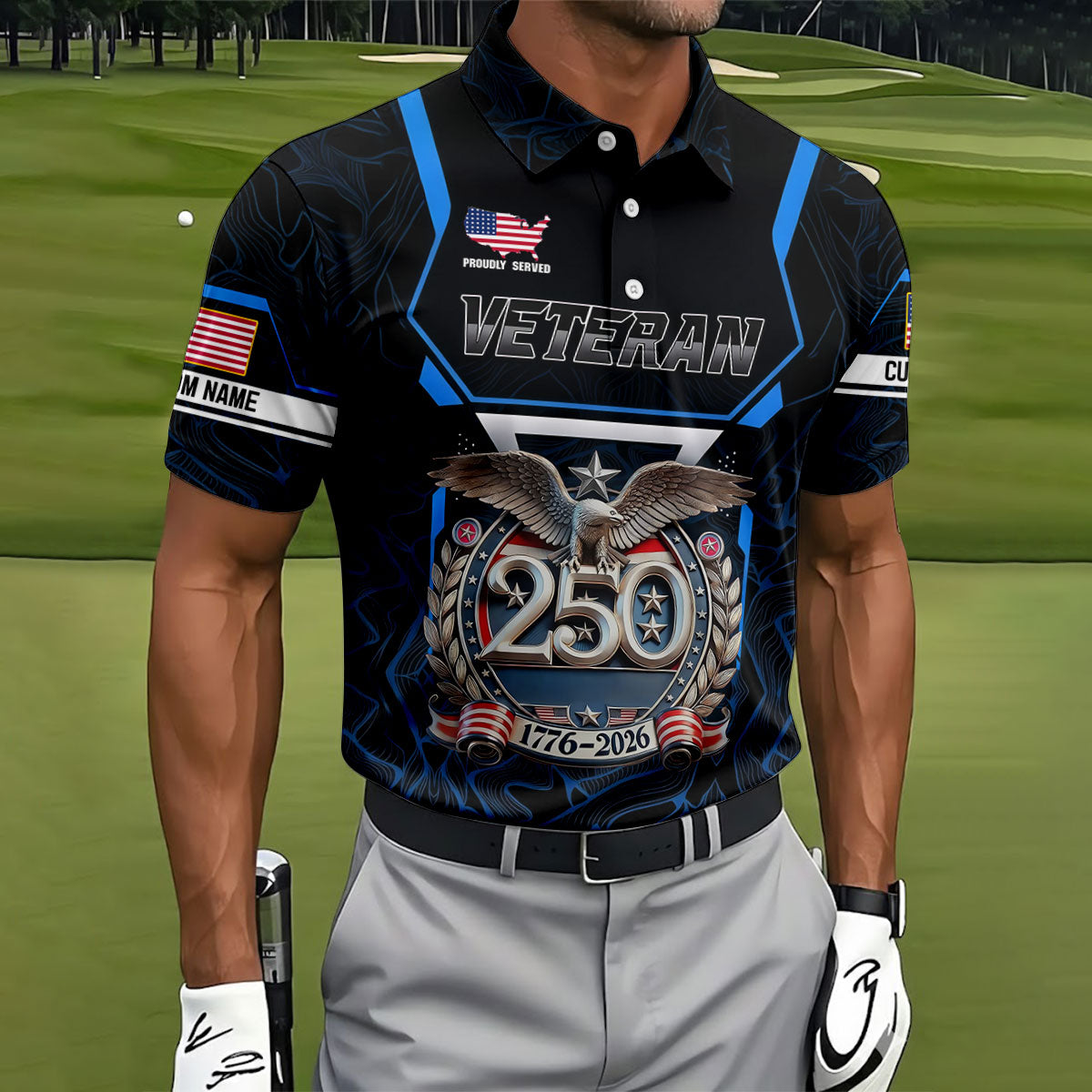Personalized Veteran America 250 Polo Shirt Blue Accent, Golf Apparel For Men, Mens Golf Polo