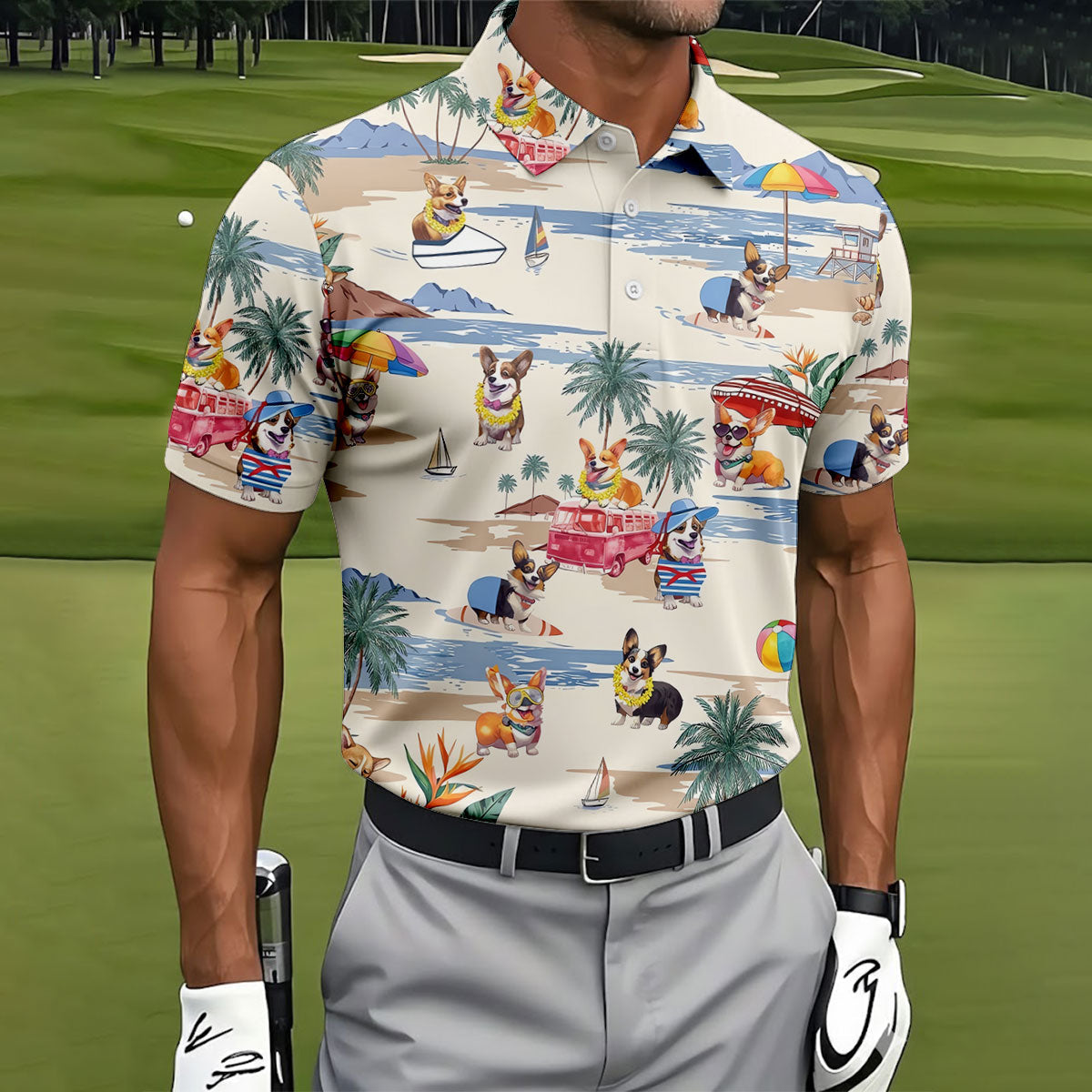 Cute Corgi Beach Vacation Golf Polo Shirt, Golf Polo Shirts For Men, Mens Golf Apparel