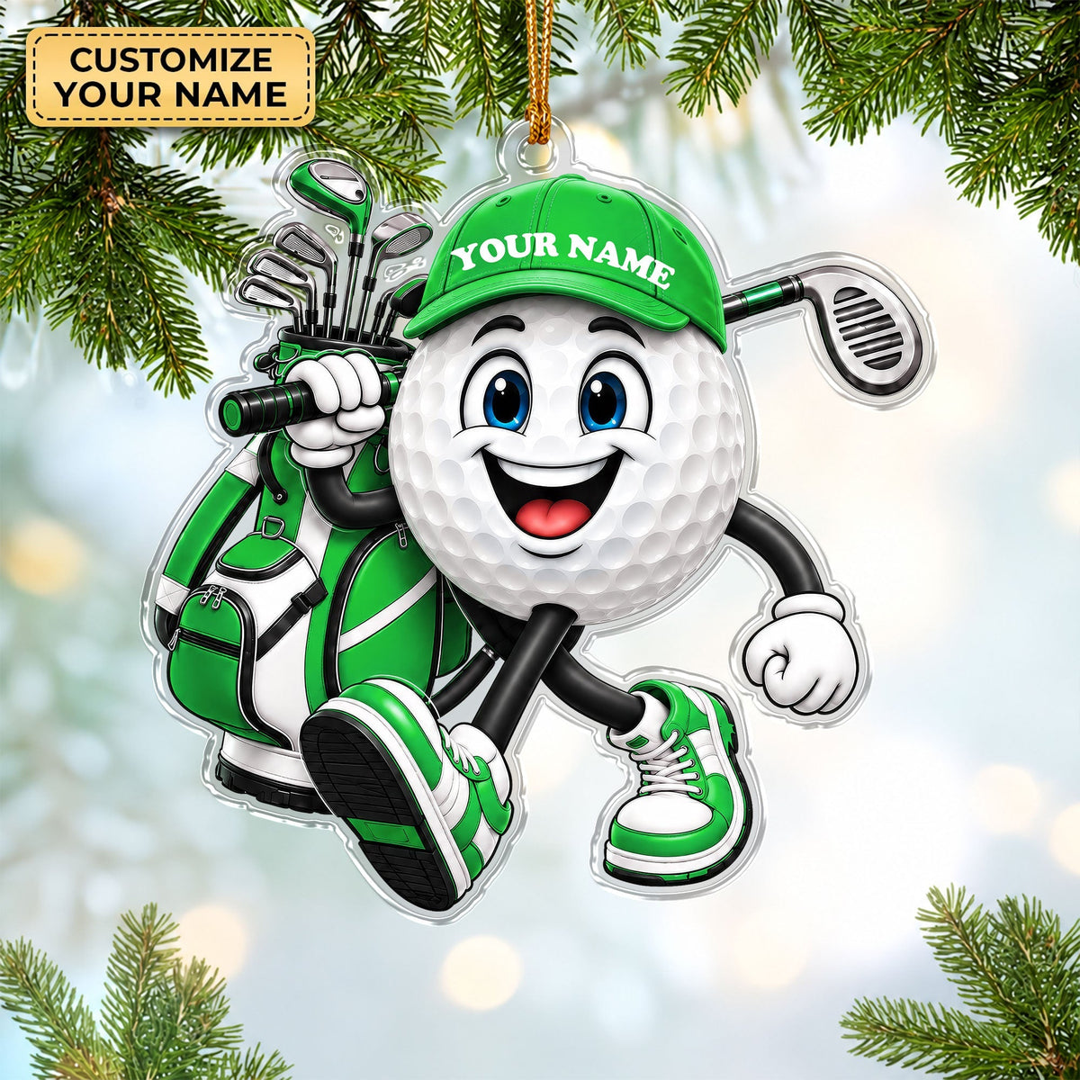Custom Name Golf Ball And Club Acrylic Ornament, Golf Gifts, Christmas Decorations