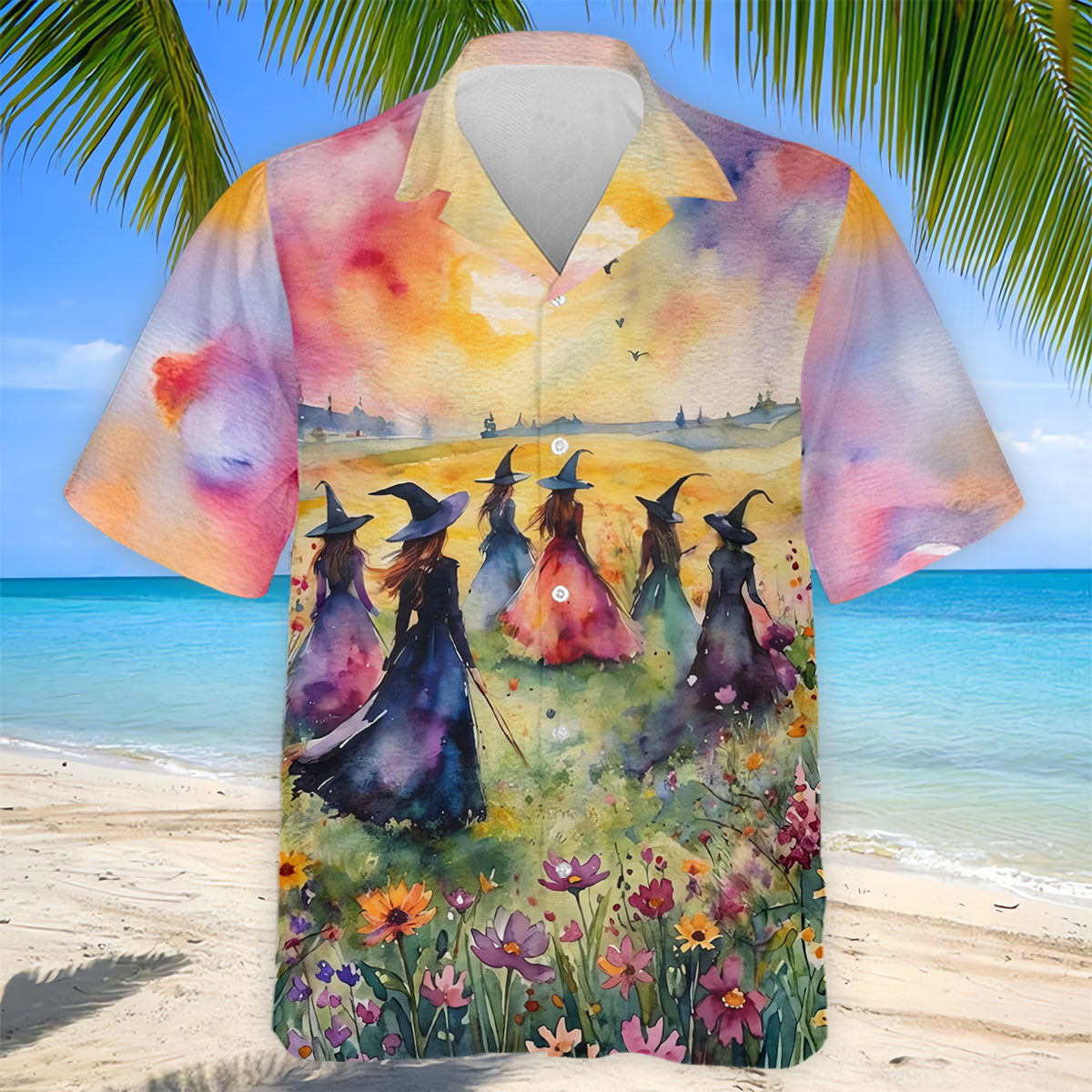 Watercolor Witch Gathering Halloween Golf Polo Shirt, Printed Golf Shirts, Golf Polo Shirts For Men
