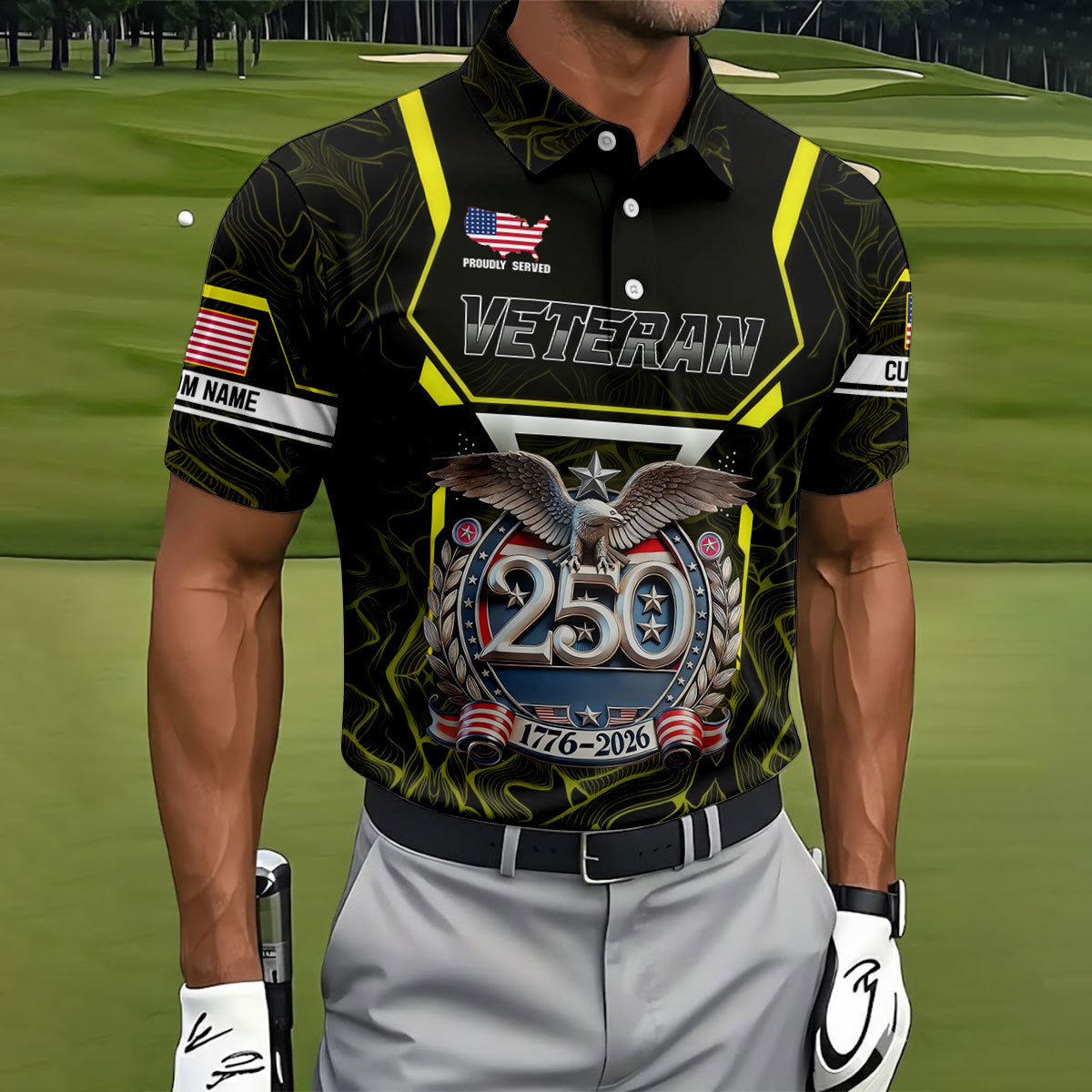 Personalized Veteran America 250 Polo Shirt Yellow Accent, Golf Shirts For Men, Mens Golf Apparel