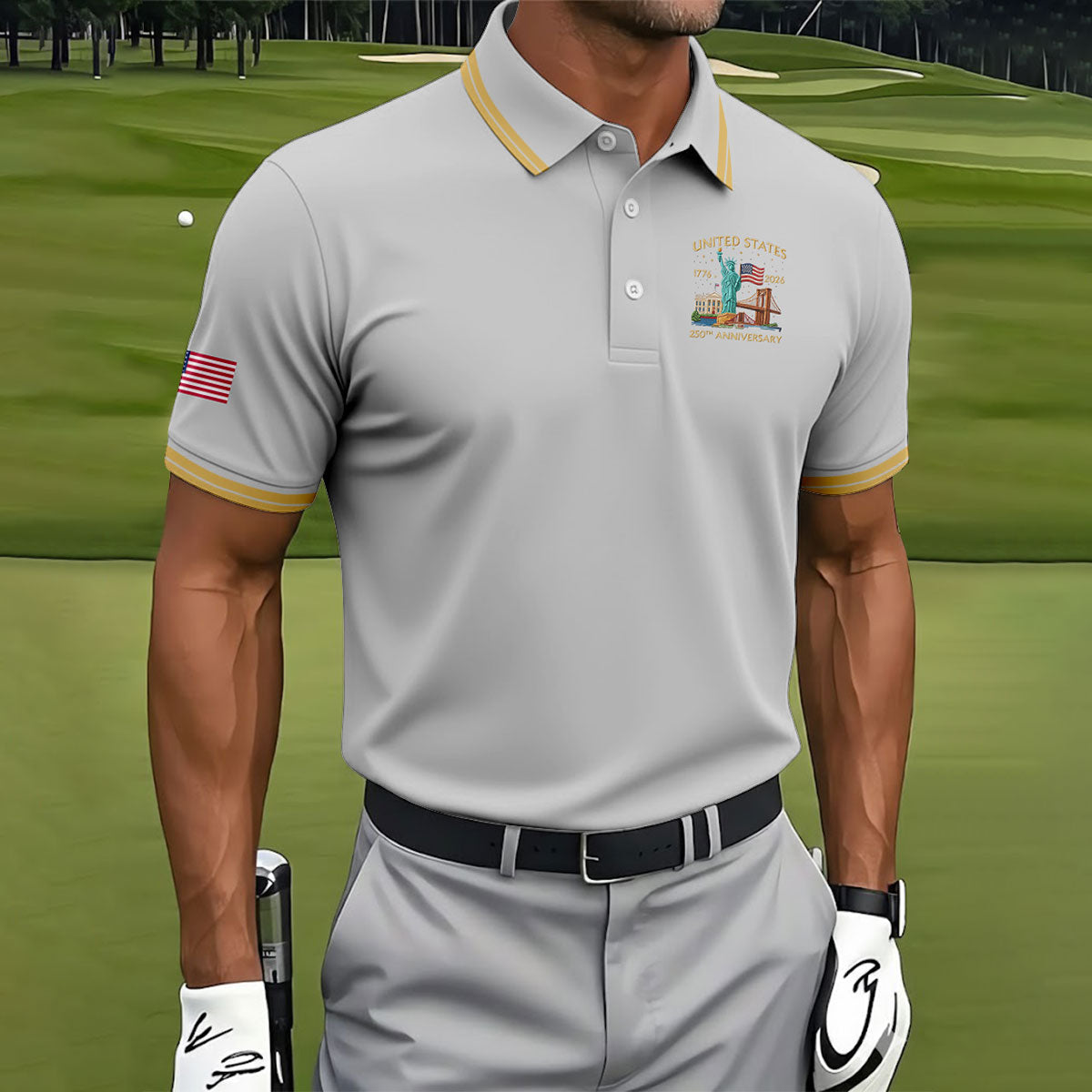 American Symbols Grey Patriotic Golf Shirt, US 250 Years 4th Of July Golf Shirts For Men