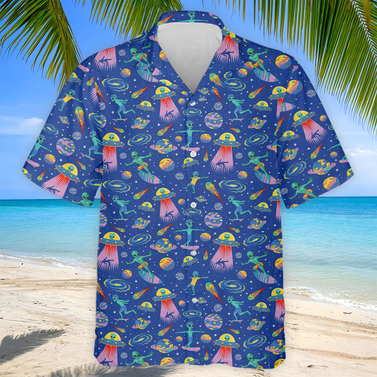 Surfing Alien Space Galaxy Hawaiian Golf Shirt, Hawaiian Golf Shirt, Golf Shirts For Men
