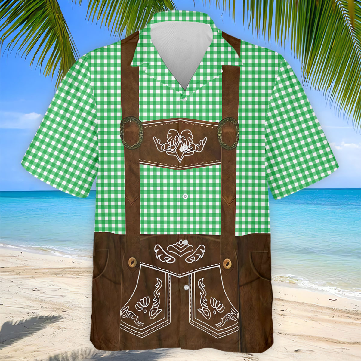Green Oktoberfest Lederhosen Illusion Sleeveless Golf Polo, Men's Golf Shirt, Golf Polo Shirts For Men