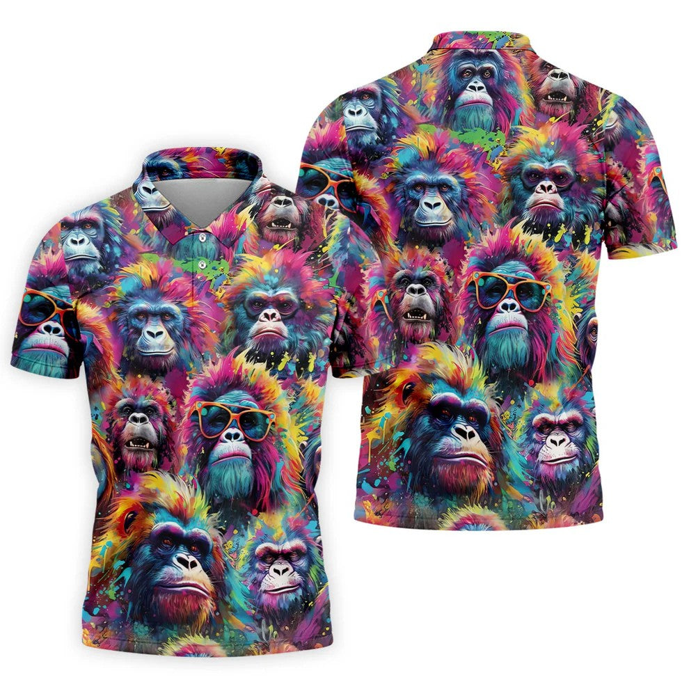 Street Art Style Cool Gorilla Hawaiian Golf Shirt, Tropical Theme Golf Shirts For Men